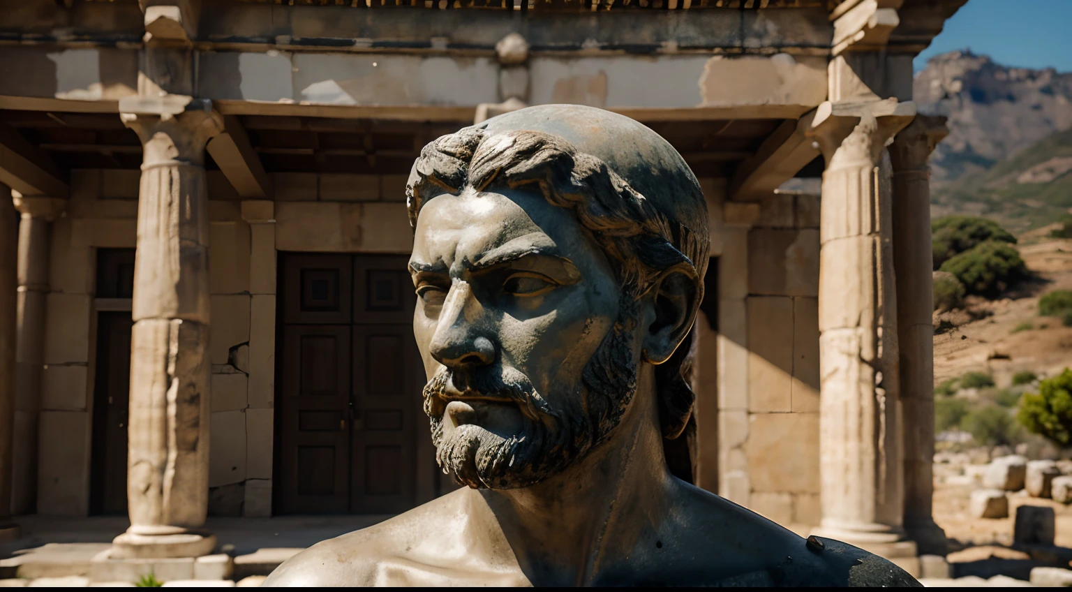 Ancient Stoic Statue With Very Angry Expression, tem barba, muitos detalhes em ambos os olhos, Outside, fundo atenas grego, open sky, com rosto extremamente detalhado full body view, Colors with low saturation with dark tone, Filmado em Sony A7S III com Sony FE 35mm f/1.8, 12.1 MP, --AR 3:2 --estilo cru