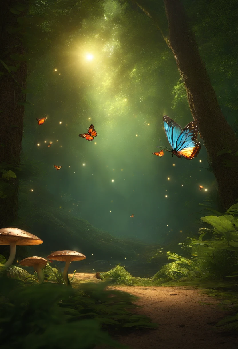 Masterpiece, Best quality, (Very detailed CG Unity 8K wallpapers), (Best quality), (Most Best Illustration), (Best shadows), Forest theme with natural elements. Tall trees, quiet streams, Glowing small mushrooms, Surrounded by delicate leaves and branches, with fireflies and glowing particle effects,, (nature elements), (Jungle theme), (Leaves), (branches), ( glowworm), Butterflies, (Delicate leaves), (Glow), (particle fx). , Isometric 3D, Octane rendering, Ray tracing, Super detailed
