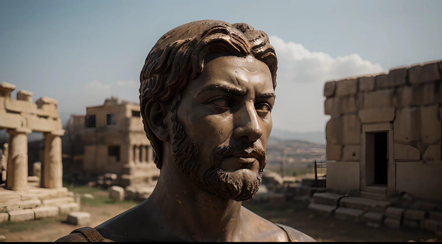 Ancient Stoic Statue With Very Angry Expression, tem barba, muitos detalhes em ambos os olhos, Outside, fundo atenas grego, open sky, com rosto extremamente detalhado full body view, Colors with low saturation with dark tone, Filmado em Sony A7S III com Sony FE 35mm f/1.8, 12.1 MP, --AR 3:2 --estilo cru