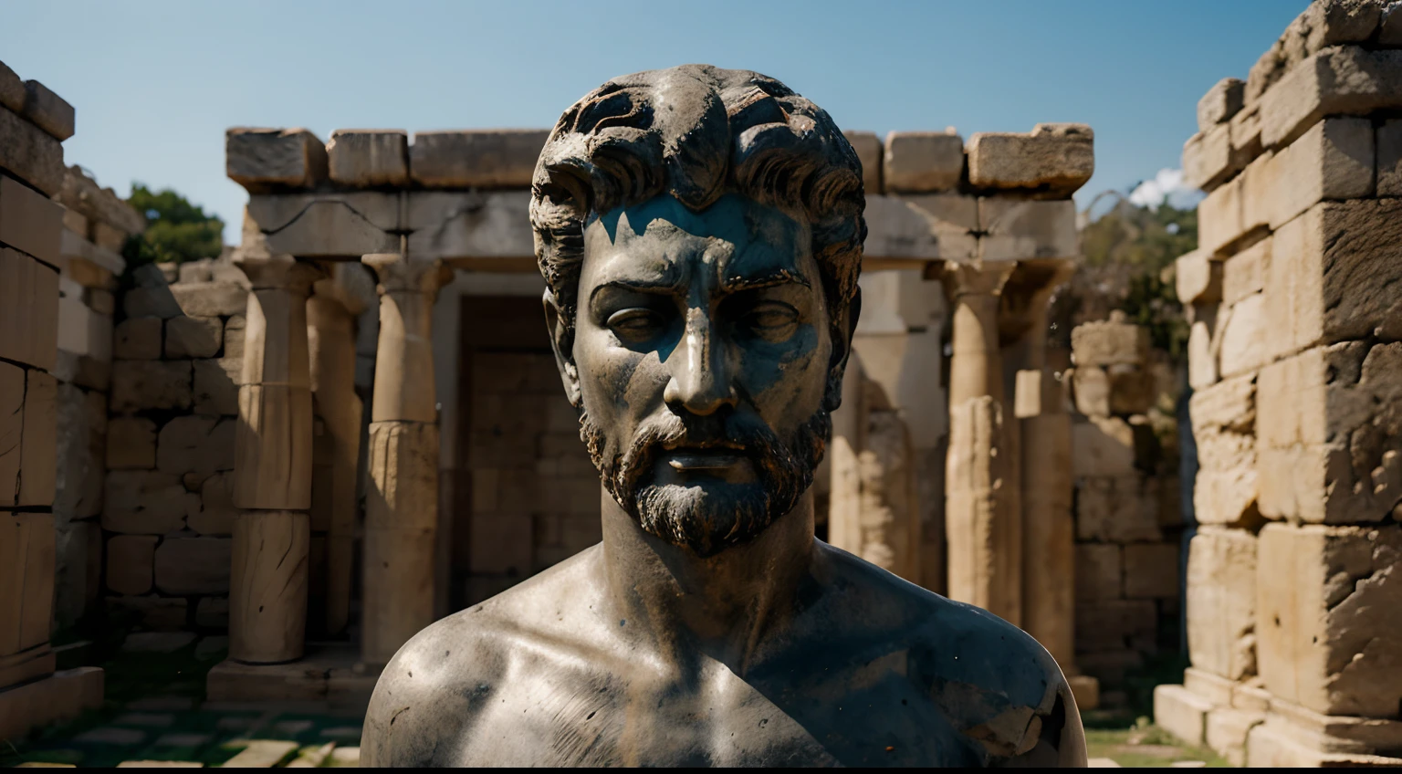 Ancient Stoic Statue With Very Angry Expression, tem barba, muitos detalhes em ambos os olhos, Outside, fundo atenas grego, open sky, com rosto extremamente detalhado full body view, Colors with low saturation with dark tone, Filmado em Sony A7S III com Sony FE 35mm f/1.8, 12.1 MP, --AR 3:2 --estilo cru