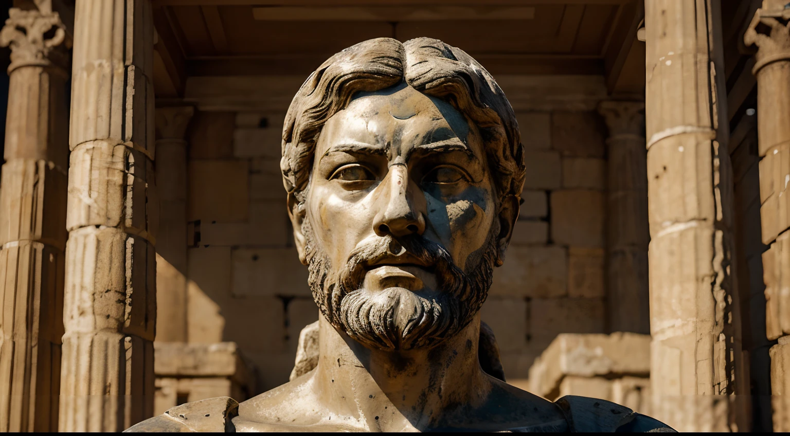 Ancient Stoic Statue With Very Angry Expression, tem barba, muitos detalhes em ambos os olhos, Outside, fundo atenas grego, open sky, com rosto extremamente detalhado full body view, Colors with low saturation with dark tone, Filmado em Sony A7S III com Sony FE 35mm f/1.8, 12.1 MP, --AR 3:2 --estilo cru