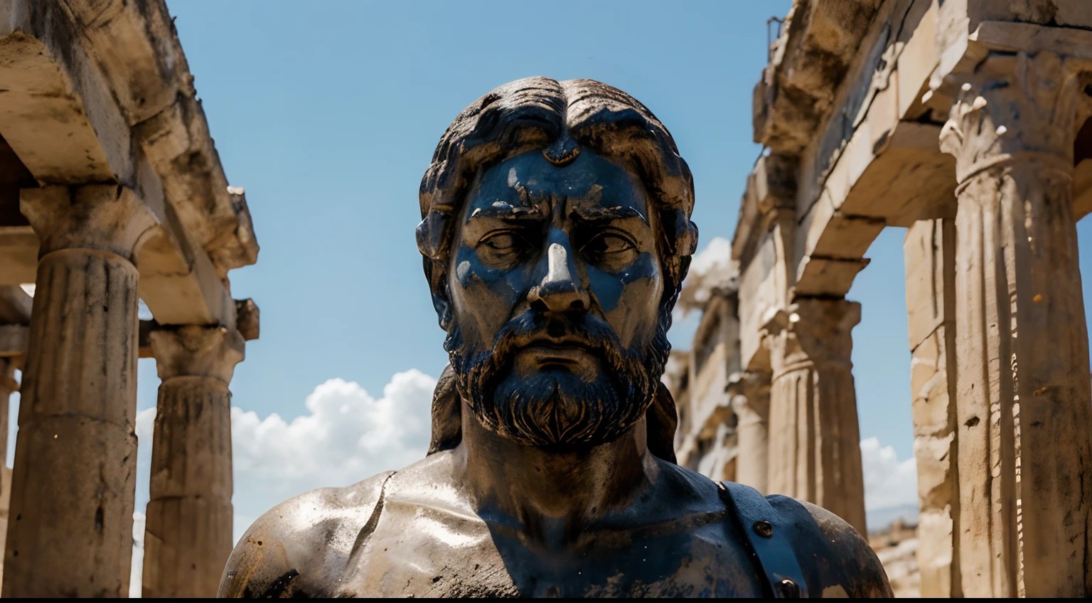 Ancient Stoic Statue With Very Angry Expression, tem barba, muitos detalhes em ambos os olhos, Outside, fundo atenas grego, open sky, com rosto extremamente detalhado full body view, Colors with low saturation with dark tone, Filmado em Sony A7S III com Sony FE 35mm f/1.8, 12.1 MP, --AR 3:2 --estilo cru