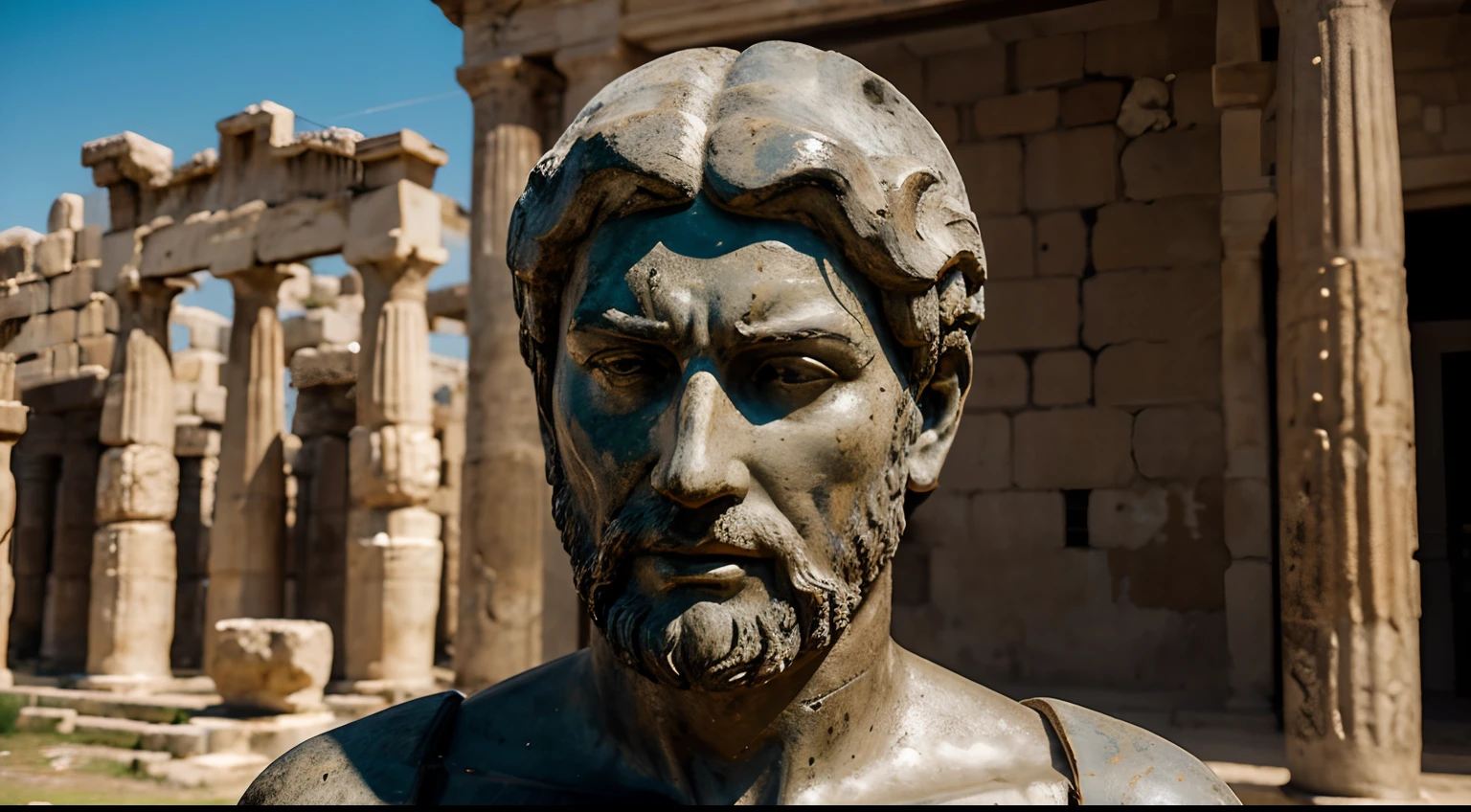 Ancient Stoic Statue With Very Angry Expression, tem barba, muitos detalhes em ambos os olhos, Outside, fundo atenas grego, open sky, com rosto extremamente detalhado full body view, Colors with low saturation with dark tone, Filmado em Sony A7S III com Sony FE 35mm f/1.8, 12.1 MP, --AR 3:2 --estilo cru