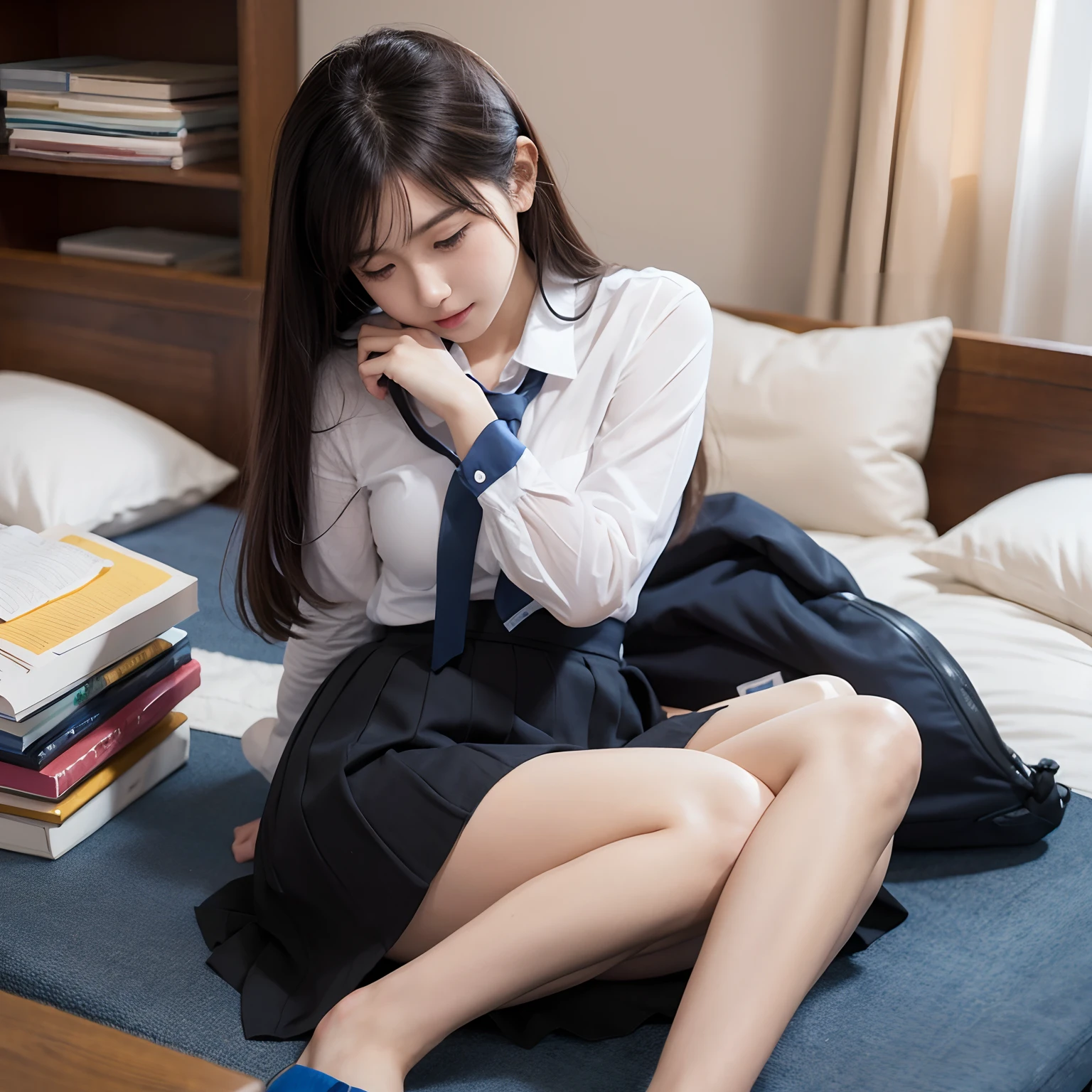 (masterpiece:1.2), super high quality, japanese girl, (super realistic), (super photographic style), 1girl, at noon, fine day, straight hair, (18 years old), large tits, (((school uniform))), lying on her back on a bed, head on the pillows, ((closed eyes)), ((legs spread)), 