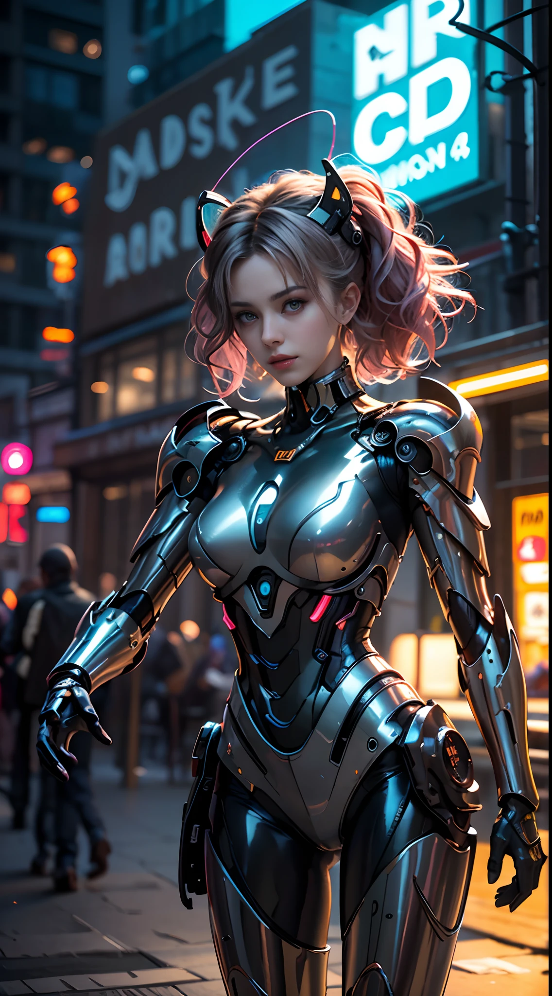 Unreal Engine: 1.4, Ultra High Definition, The Best Quality: 1.4, Photorealistic: 1.4, Skin Texture: 1.4, Masterpiece: 1.8, Masterpiece, best quality, one girl, Chica Ives: 1.4, mecha, beautiful  lighting, neon light: 1.2, night: 1.5, mecha, beautiful  lighting, bright neon light: 1.2, mysterious and unforgettable night: 1.5, hands: 1.4.