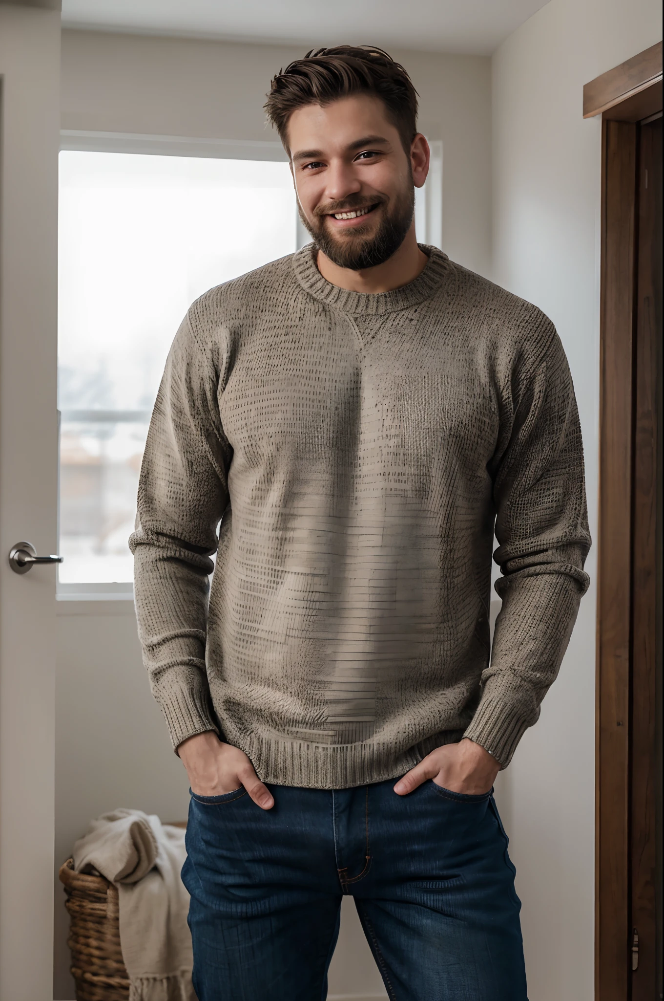 (RAW photo:1.2), a man wearing a pair of jeans and a winter sweater, beard, candid shot, best quality, 8k, uhd, photorealistic ,standing , portrait, young man, home , smiling
