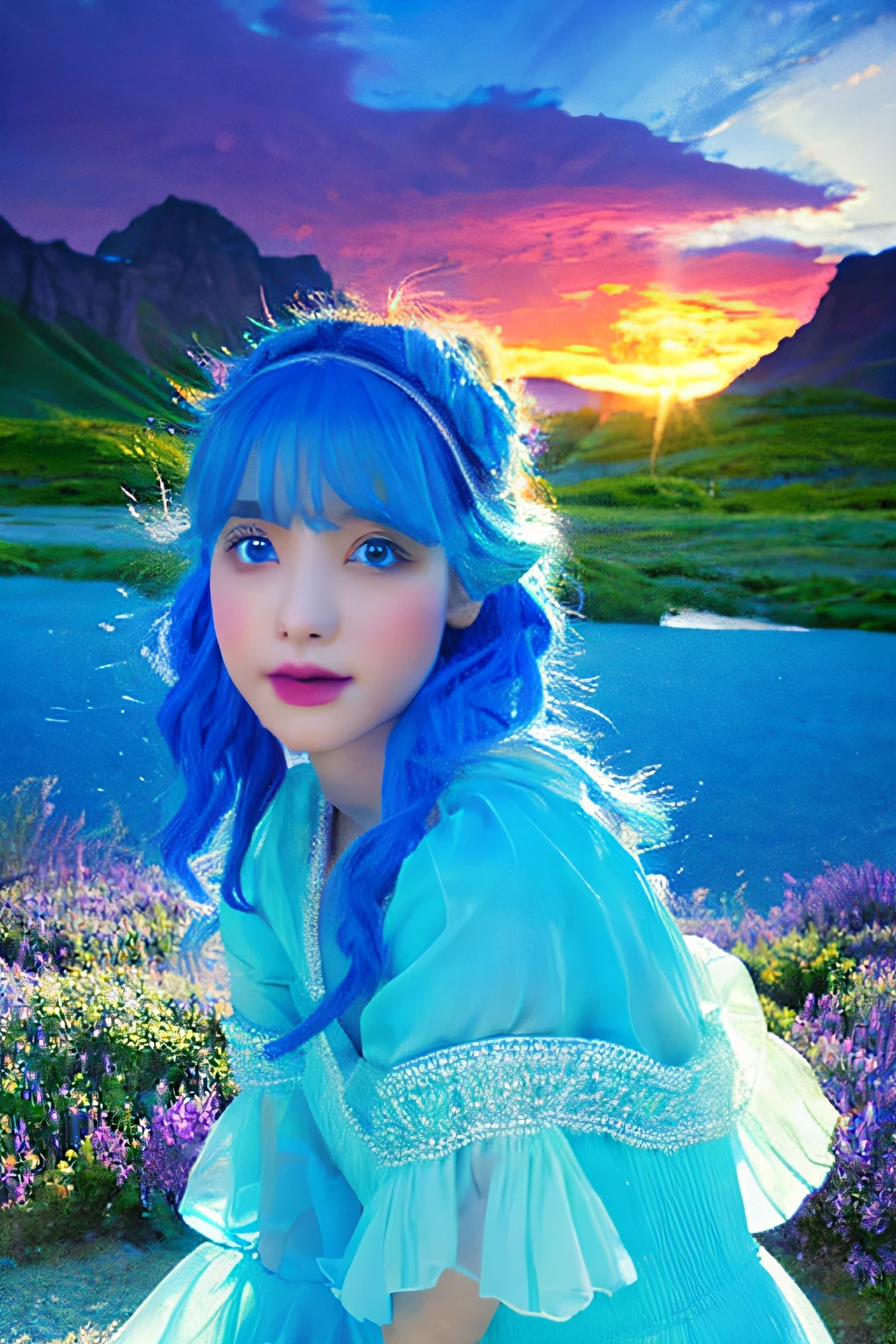 Stable Diffusion prompt: girl with blue hair, blue lips, vibrant colors, illustrated style, glowing light, high resolution, detailed eyes and lips, fantasy landscape, flowing dress, dreamy atmosphere.