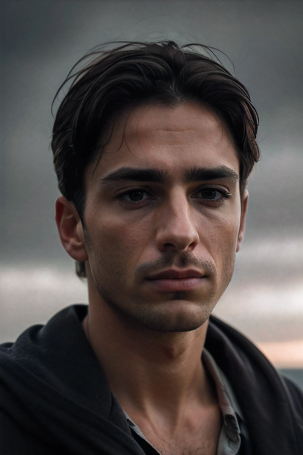 A man stands, as the overcast sky sets a moody atmosphere. (Best quality: 1.3) The muted lighting casts a soft, diffused glow on his features, (Masterpiece: 1.3) emphasizing his eyes and cheekbones, adding depth and dimension to his face. (Detailed: 1.2) The overcast sky sets a somber tone, creating a sense of solitude and introspection in the scene. (Soft: 1.4) The camera captures his face in a close-up shot, allowing viewers to observe the subtle nuances of his expression, revealing a blend of determination and contemplation. (Close-up shot style: 1.3)  capturing the intricate details of his facial features. The overcast lighting adds to the authenticity of the scene. (Realistic art style: 1.2) In this intimate moment, the man embodying a mix of resilience and introspection amidst the serene yet melancholic surroundings. (Full body: 1.3)