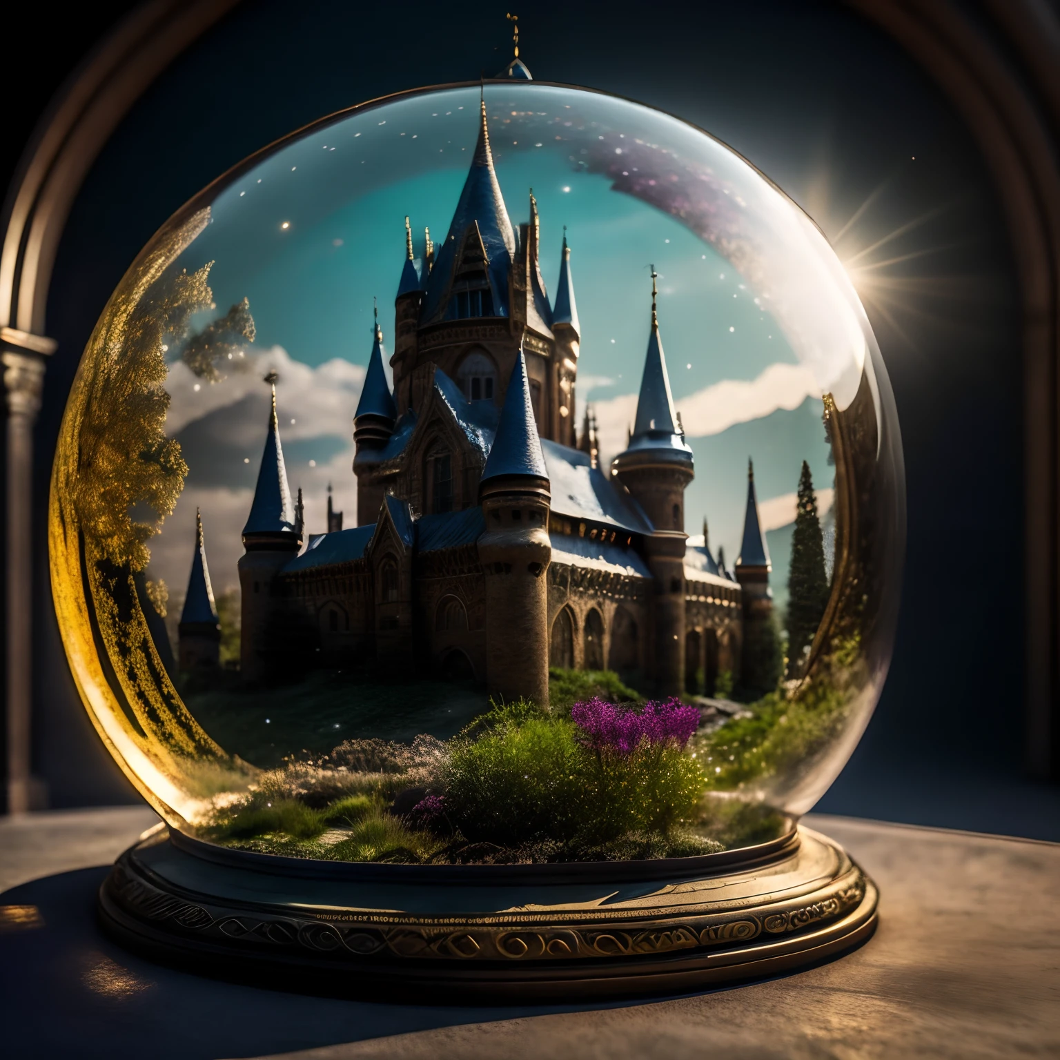 Модель RPG Bubble | Concept Glass ,A very beautiful castle made of bronze stands against the backdrop of a summer landscape , The towers of the castle are visible , The sun is shining on the castle , Front light. ,Ultra-detailed,(Realistic,Photorealistic,photo-realistic:1.37),,An abundance of colors, Bright colors ,Highly detailed,soft-lighting,