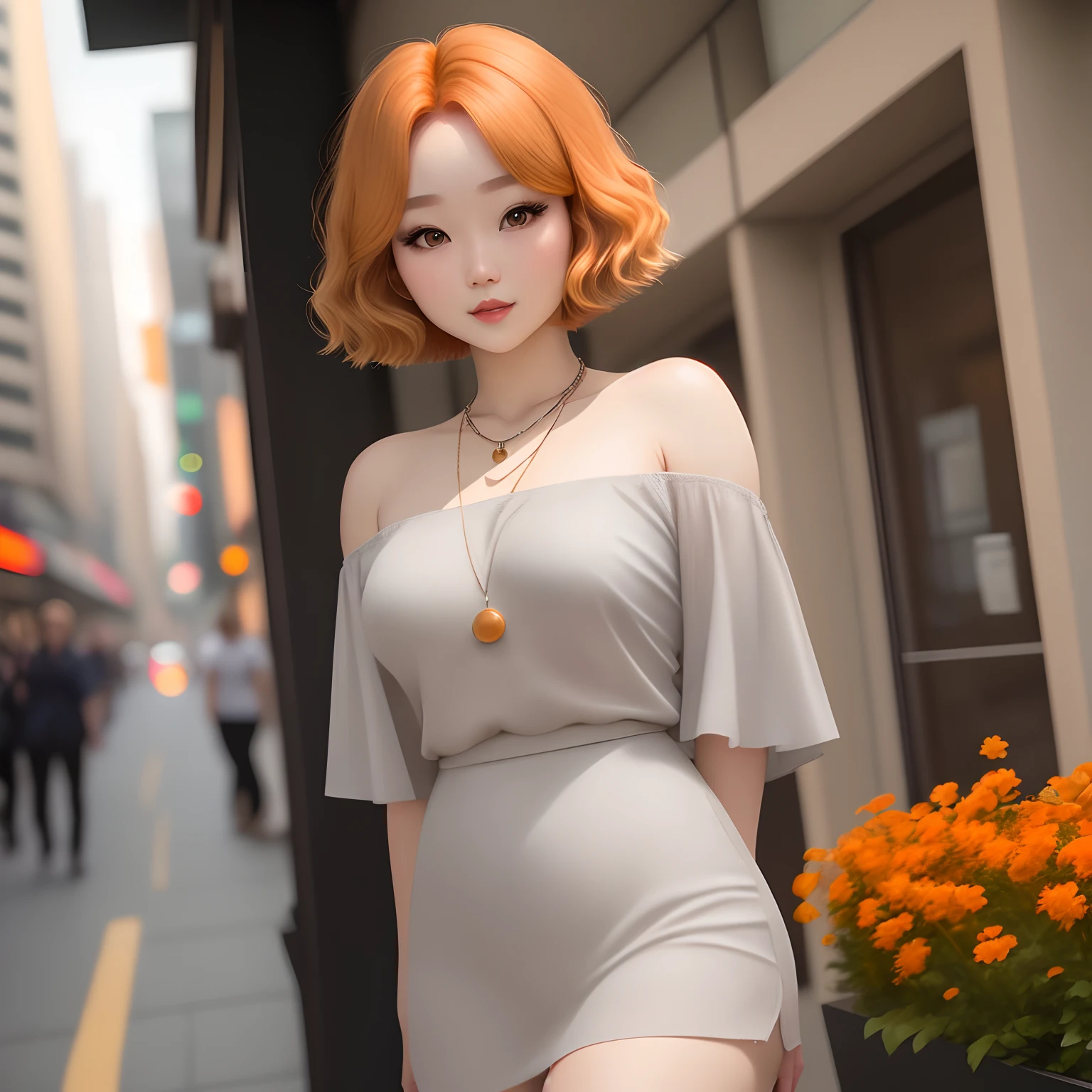 Curled bob cut, redhead hair woman in orange collared shirt posing to take photo in city, 8K artgerm Bokeh, well-proportioned body, beautiful korean woman, gorgeous necklace, beautiful young korean woman, soft portrait shot 8 K, korean girl, double and narrow eyes, beautiful gray eyes, Los Tran 8 K, Cute young woman, Korean woman, beautiful blonde girl naked full body