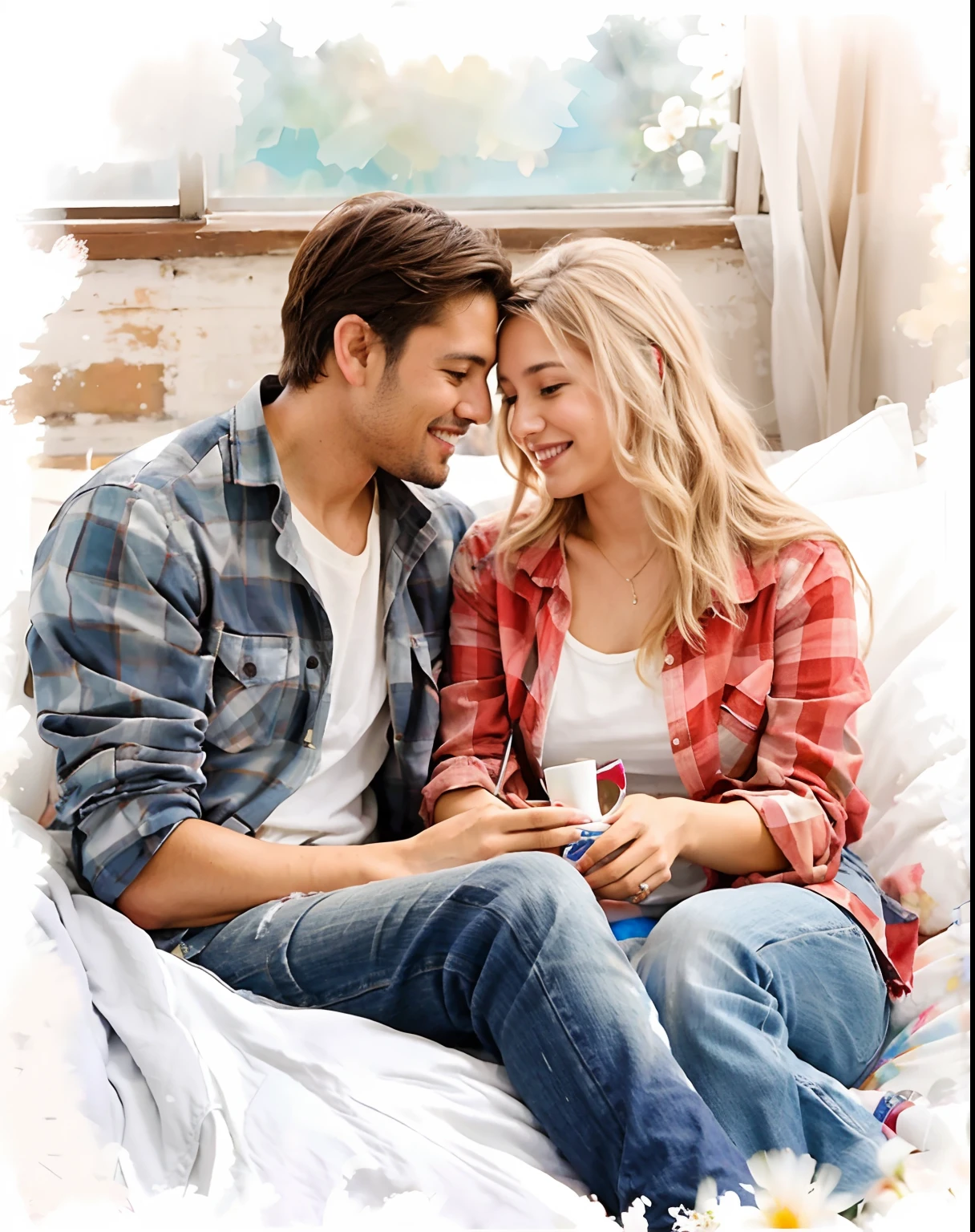 Pintura de un hombre y una mujer sentados juntos en una cama, Pareja encantadora, romantic couple, Retrato de pareja, Hermosa pintura de amigos, Romantic painting, Retrato de parejas, Pintura digital de acuarela, Pareja feliz, Pareja en la cama, romance novel cover, pareja sonriente, Una pintura de dos personas, pareja, Imagen de arte digital, Pintura de bello, Acuarela digital, Arte de pintura de dibujos animados digitales