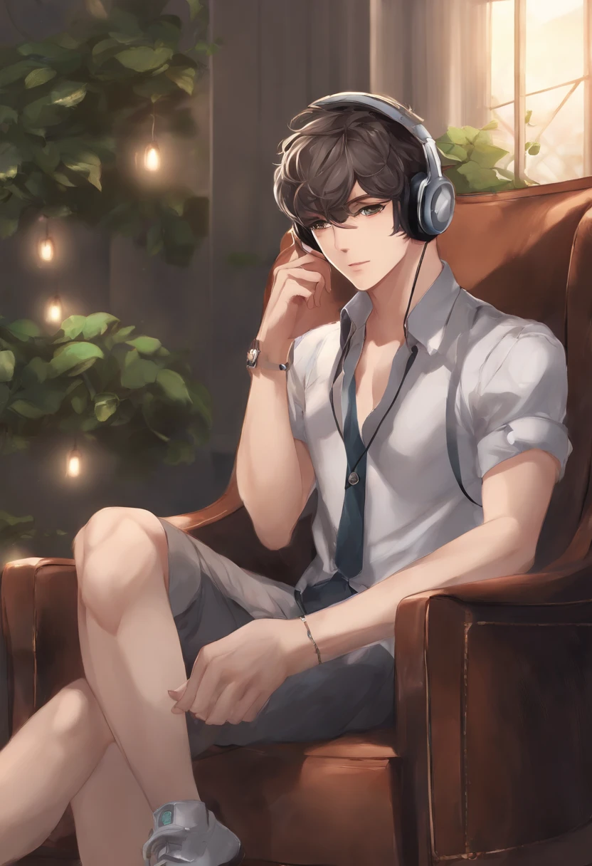 Anime man sitting in a chair in a game, digital anime illustration, Handsome Anime Pose, Smooth Anime CG Art, anime handsome guy, young anime man, With headphones, kawacy, digital anime art, ig studios anime style, High quality anime art style, anime moe art style, digital art on pixiv, painted in anime painter studio