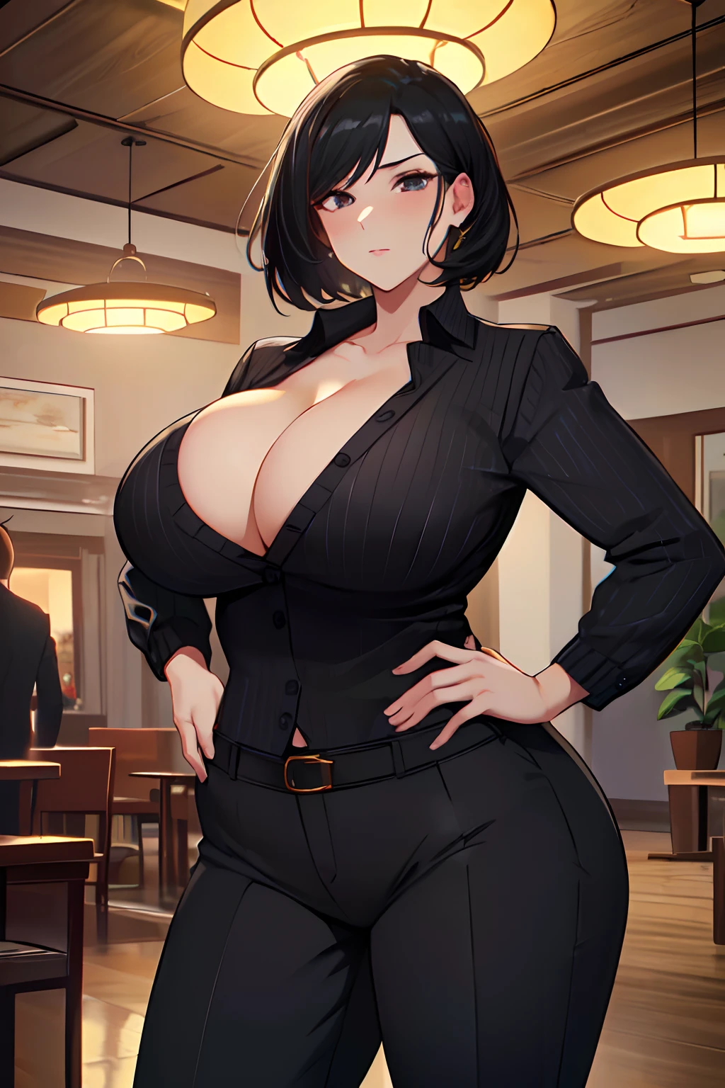 (masterpiece, best quality, high quality, highres:1.4), detailed, extremely detailed, ambient soft lighting, 4K, 1girl, (mature female, milf:1.2), short hair, Curtain bangs, ((dark black hair)), large breasts, curvy, (Sweater, Dress pants, , cleavage), simple background, (fantasy), (indoor), (night), Hands on hips pose, defiance512 ((giant breasts))