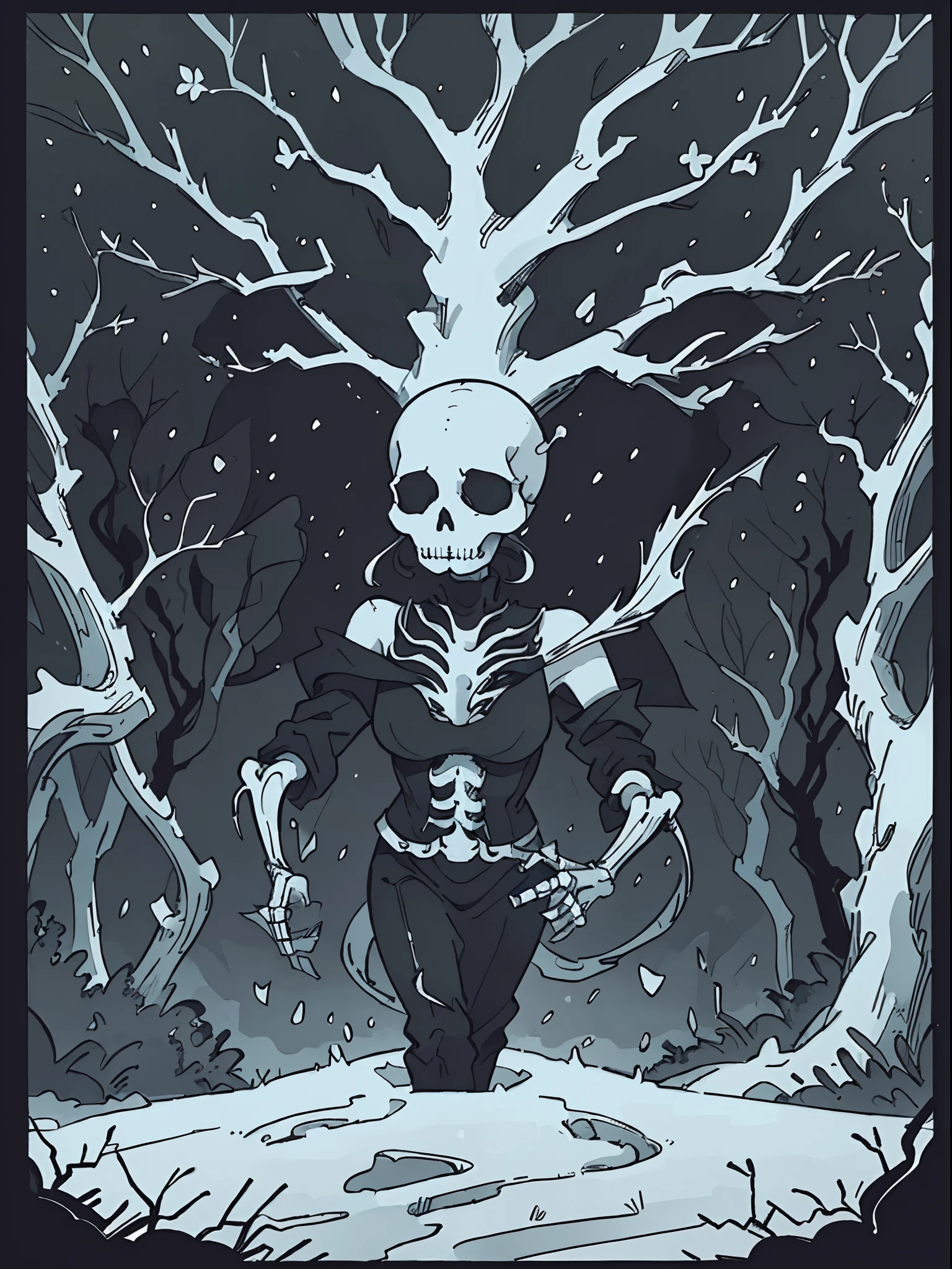 ((Best quality, 8K, Masterpiece: 1.4)),((Amazing detail: 1.3)),((illustration: 1.2)),((high resolution: 1.1)),A tree made up of skeletons,Black and white painting,Black and white illustration,Dark sky,Dark style,Dark fantasy,Horror,Detailed cover artwork,Snow,Delicate,