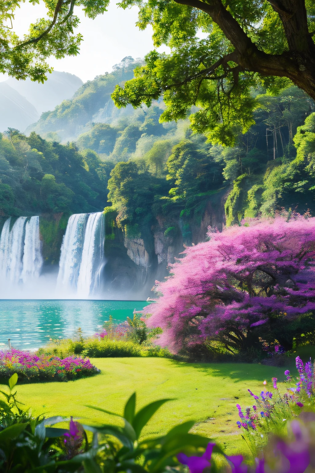 (best quality,4k,8k,highres,masterpiece:1.2),ultra-detailed,(realistic,photorealistic,photo-realistic:1.37),purple landscape,ethereal mist,serene mountains,majestic waterfall,lush greenery,tranquil lake,rolling hills,whispering breeze,colorful wildflowers,peaceful atmosphere,surreal lighting,soft pastel hues,calm reflection,hidden path,mystery and beauty,harmonious balance,vibrant shades,sublime beauty,serenity at its peak,nature's masterpiece