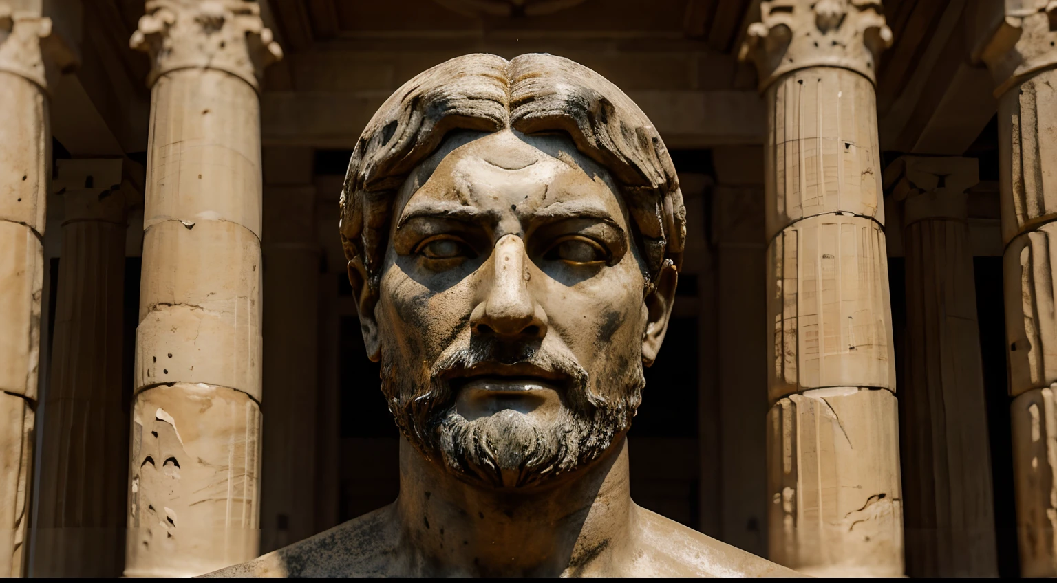 Ancient Stoic Statue With Very Angry Expression, tem barba, muitos detalhes em ambos os olhos, Outside, fundo atenas grego, open sky, com rosto extremamente detalhado full body view, Colors with low saturation with dark tone, Filmado em Sony A7S III com Sony FE 35mm f/1.8, 12.1 MP, --AR 3:2 --estilo cru