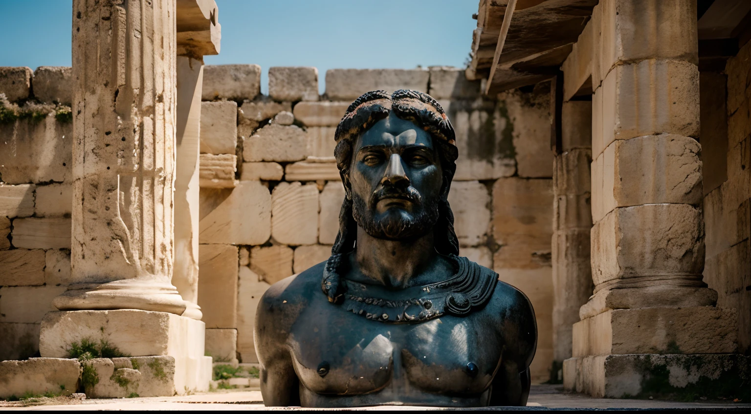 Ancient Stoic Statue With Very Angry Expression, tem barba, muitos detalhes em ambos os olhos, Outside, fundo atenas grego, open sky, com rosto extremamente detalhado full body view, Colors with low saturation with dark tone, Filmado em Sony A7S III com Sony FE 35mm f/1.8, 12.1 MP, --AR 3:2 --estilo cru