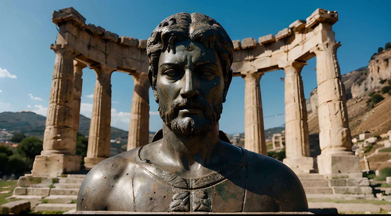 Ancient Stoic Statue With Very Angry Expression, tem barba, muitos detalhes em ambos os olhos, Outside, fundo atenas grego, open sky, com rosto extremamente detalhado full body view, Colors with low saturation with dark tone, Filmado em Sony A7S III com Sony FE 35mm f/1.8, 12.1 MP, --AR 3:2 --estilo cru