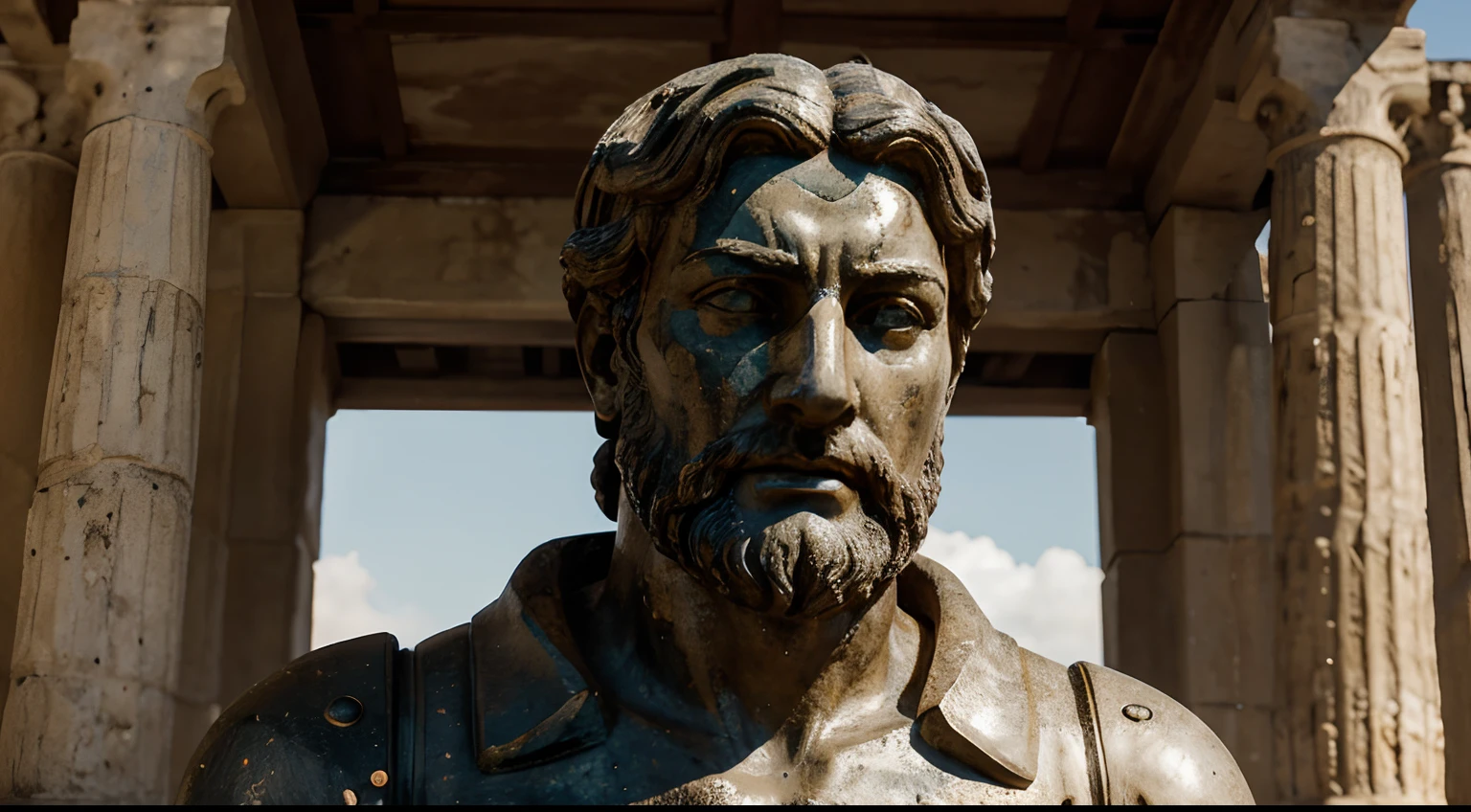 Ancient Stoic Statue With Very Angry Expression, tem barba, muitos detalhes em ambos os olhos, Outside, fundo atenas grego, open sky, com rosto extremamente detalhado full body view, Colors with low saturation with dark tone, Filmado em Sony A7S III com Sony FE 35mm f/1.8, 12.1 MP, --AR 3:2 --estilo cru