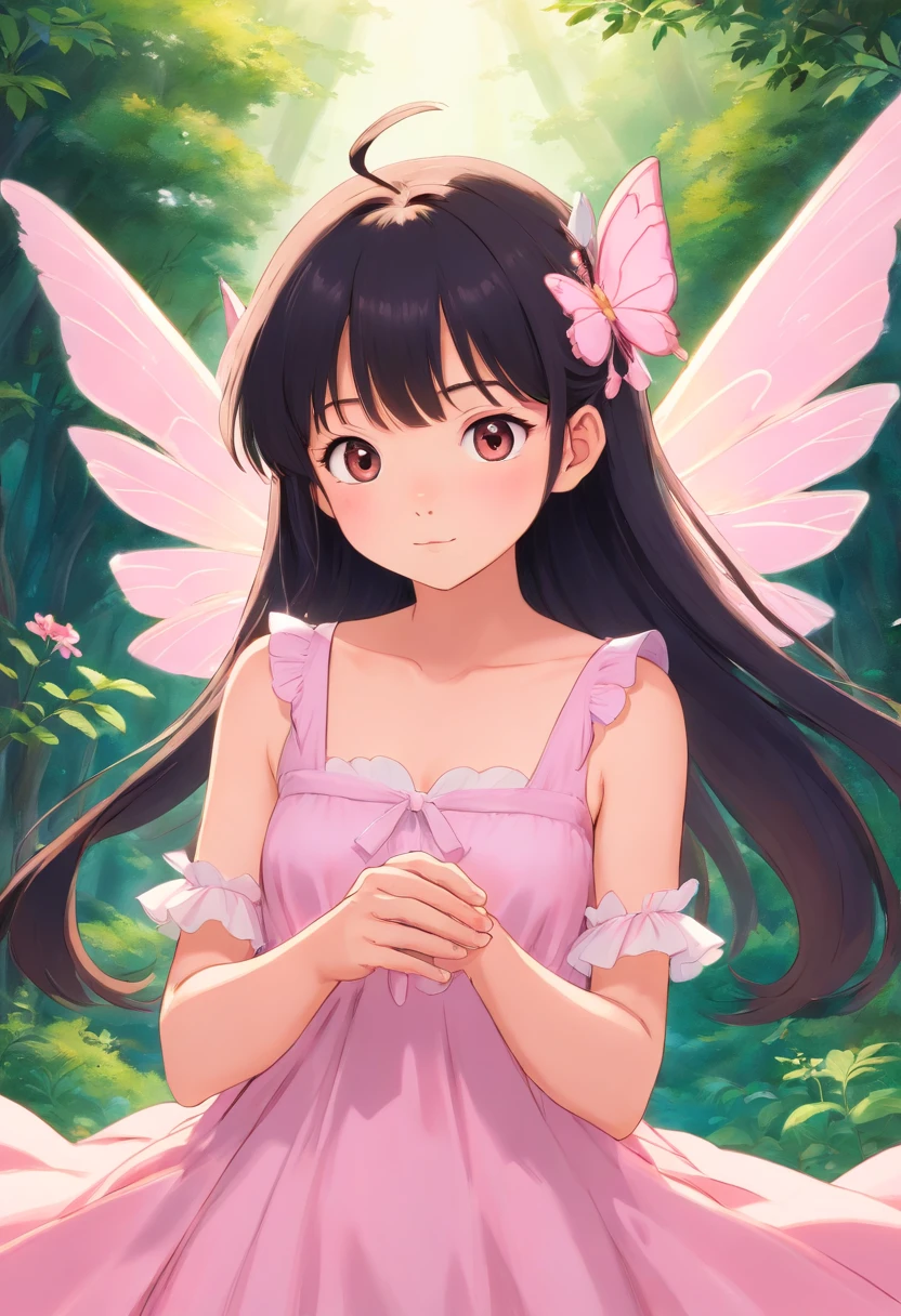 Asian fairy with long, straight hair with bangs, baby pink fairy wings and baby pink dress