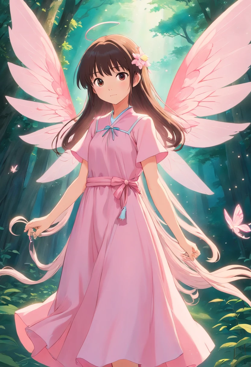Asian fairy with long, straight hair with bangs, baby pink fairy wings and baby pink dress