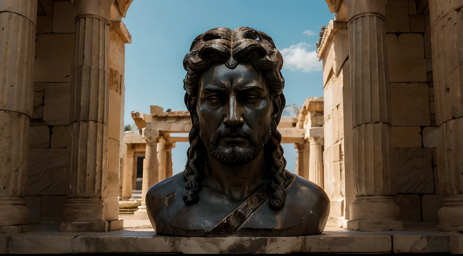 Ancient Stoic Statue With Very Angry Expression, tem barba, muitos detalhes em ambos os olhos, Outside, fundo atenas grego, open sky, com rosto extremamente detalhado full body view, Colors with low saturation with dark tone, Filmado em Sony A7S III com Sony FE 35mm f/1.8, 12.1 MP, --AR 3:2 --estilo cru