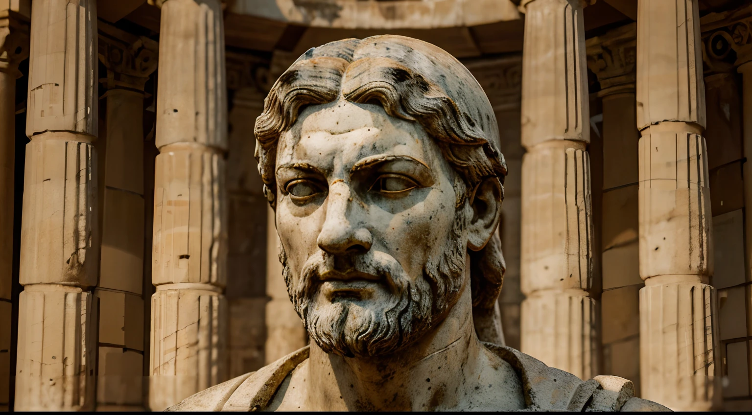 Ancient Stoic Statue With Very Angry Expression, tem barba, muitos detalhes em ambos os olhos, Outside, fundo atenas grego, open sky, com rosto extremamente detalhado full body view, Colors with low saturation with dark tone, Filmado em Sony A7S III com Sony FE 35mm f/1.8, 12.1 MP, --AR 3:2 --estilo cru