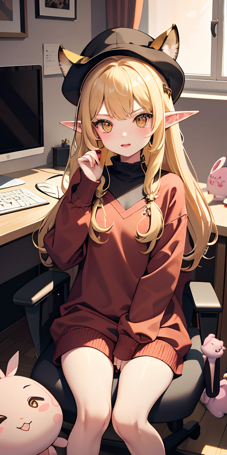1little girl，Vampires，Light yellow hair，Red pupils，Elf ears，flatchest，Wearing a brown sweatshirt with a hat at the neckline，There are small tiger teeth，In a yellow bedroom，There is a cute pink bunny doll on the bed，A cute ghost doll，and a two-dimensional pillow，Girl sitting in a gaming chair，There was a computer on the desktop in front of the girl，There are also several two-dimensional figures next to the computer，The game screen is playing on the computer，The girl looked intently at the contents of the computer，The right hand is placed on the pink mouse，The right hand is tapping nimbly on the keyboard。