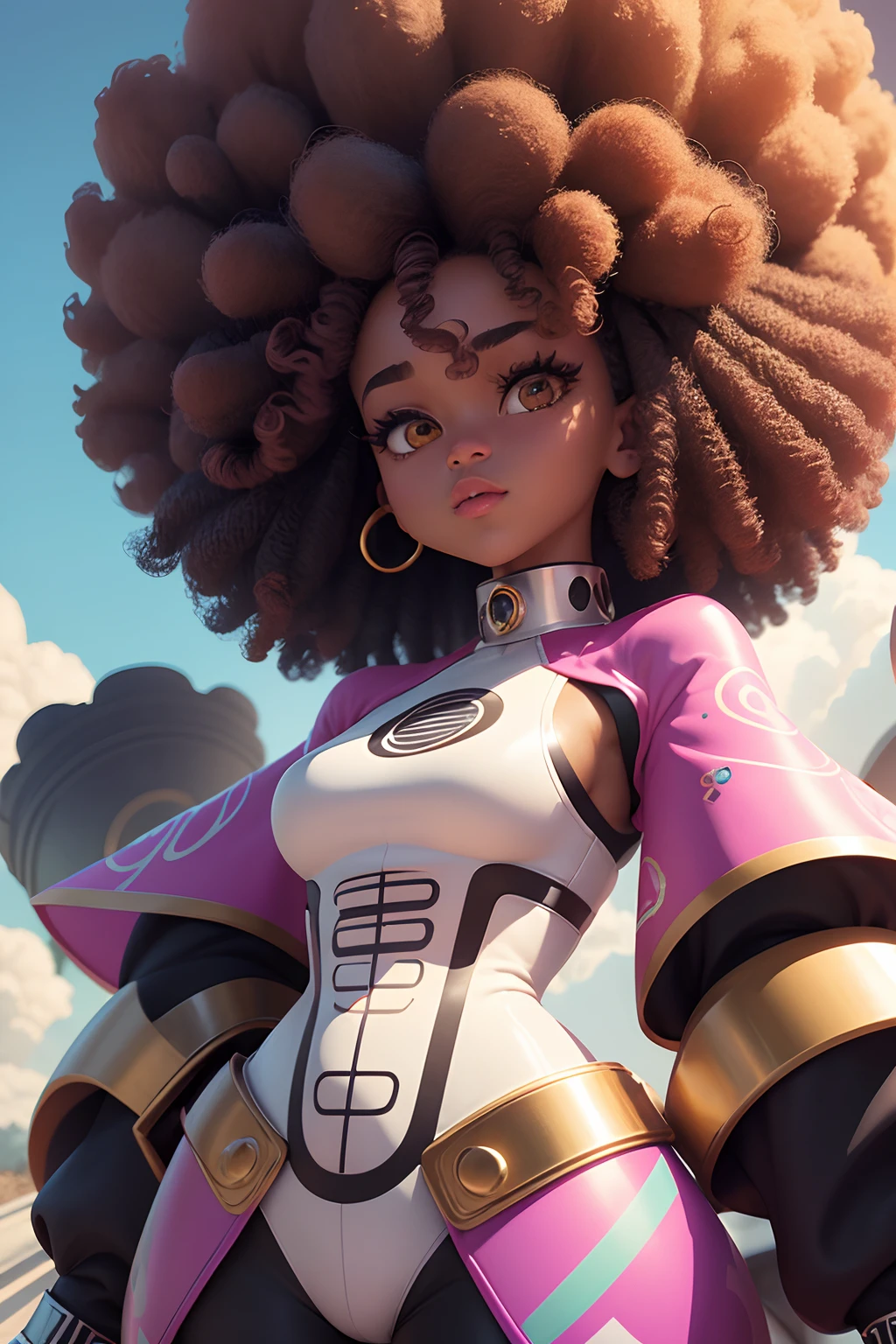 cartoon character of a girl with a big afro hair, super cute funky black girl, curly afro, light skinned african young girl, african american girl, afro hair, official illustration, big afro, afro futuristic, afro, cartoon style illustration, with afro, afro futurism, stylized digital illustration, stylized character, in cartoon style, close up character, cute 3 d render