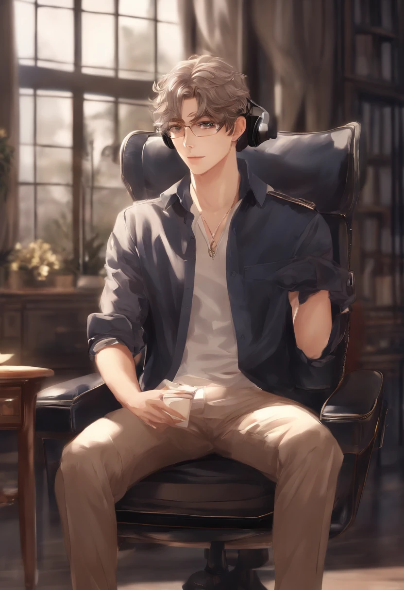Anime man sitting in a chair in a game, digital anime illustration, Handsome Anime Pose, Smooth Anime CG Art, anime handsome guy, young anime man, With headphones, kawacy, digital anime art, ig studios anime style, High quality anime art style, anime moe art style, digital art on pixiv, painted in anime painter studio