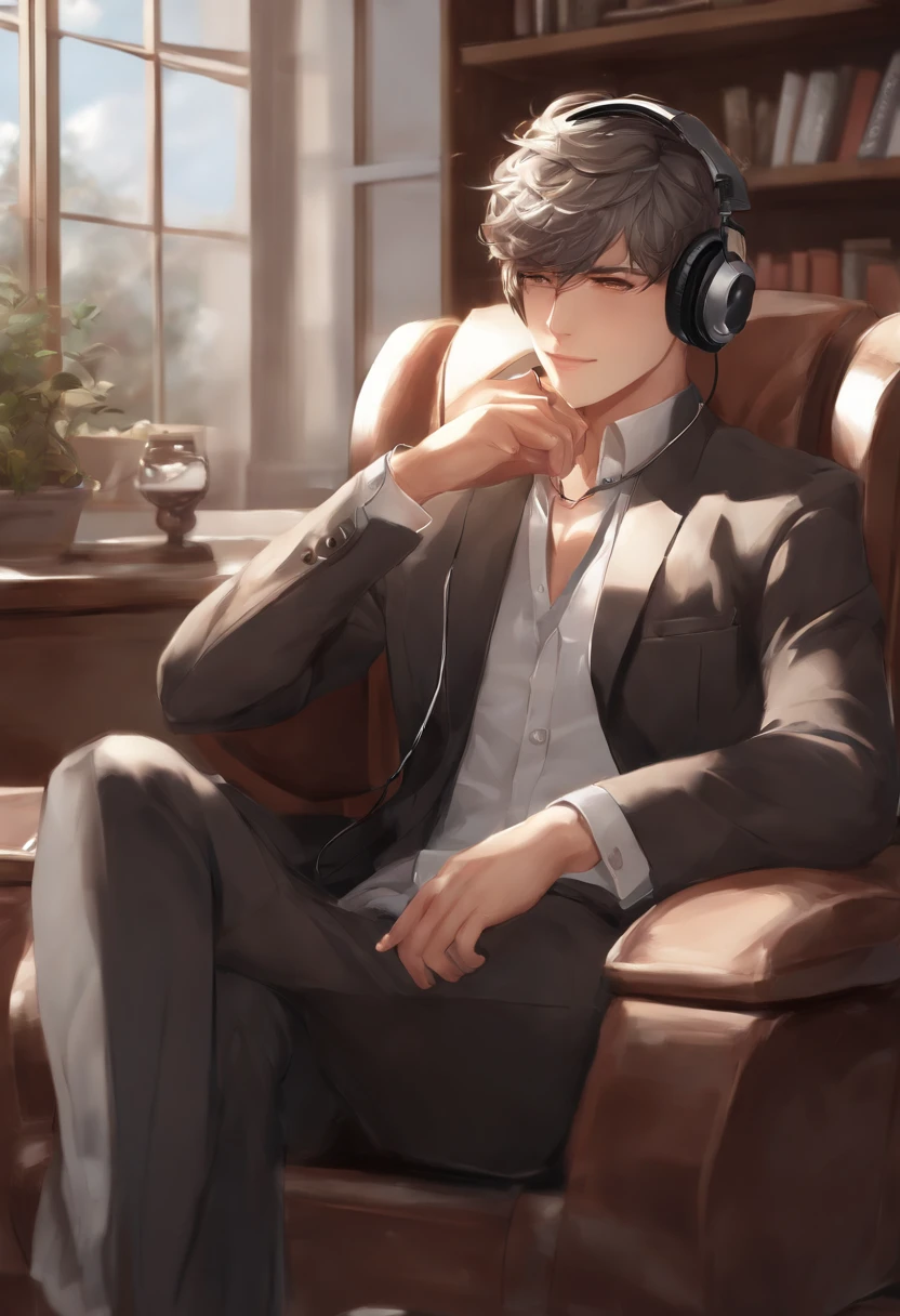 Anime man sitting in a chair in a game, digital anime illustration, Handsome Anime Pose, Smooth Anime CG Art, anime handsome guy, young anime man, With headphones, kawacy, digital anime art, ig studios anime style, High quality anime art style, anime moe art style, digital art on pixiv, painted in anime painter studio