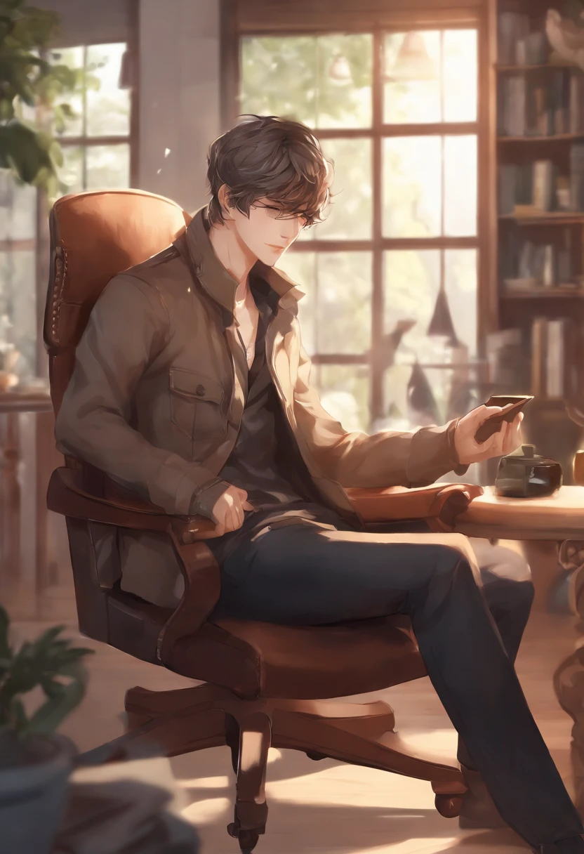 Anime man sitting in a chair in a game, digital anime illustration, Handsome Anime Pose, Smooth Anime CG Art, anime handsome guy, young anime man, With headphones, kawacy, digital anime art, ig studios anime style, High quality anime art style, anime moe art style, digital art on pixiv, painted in anime painter studio