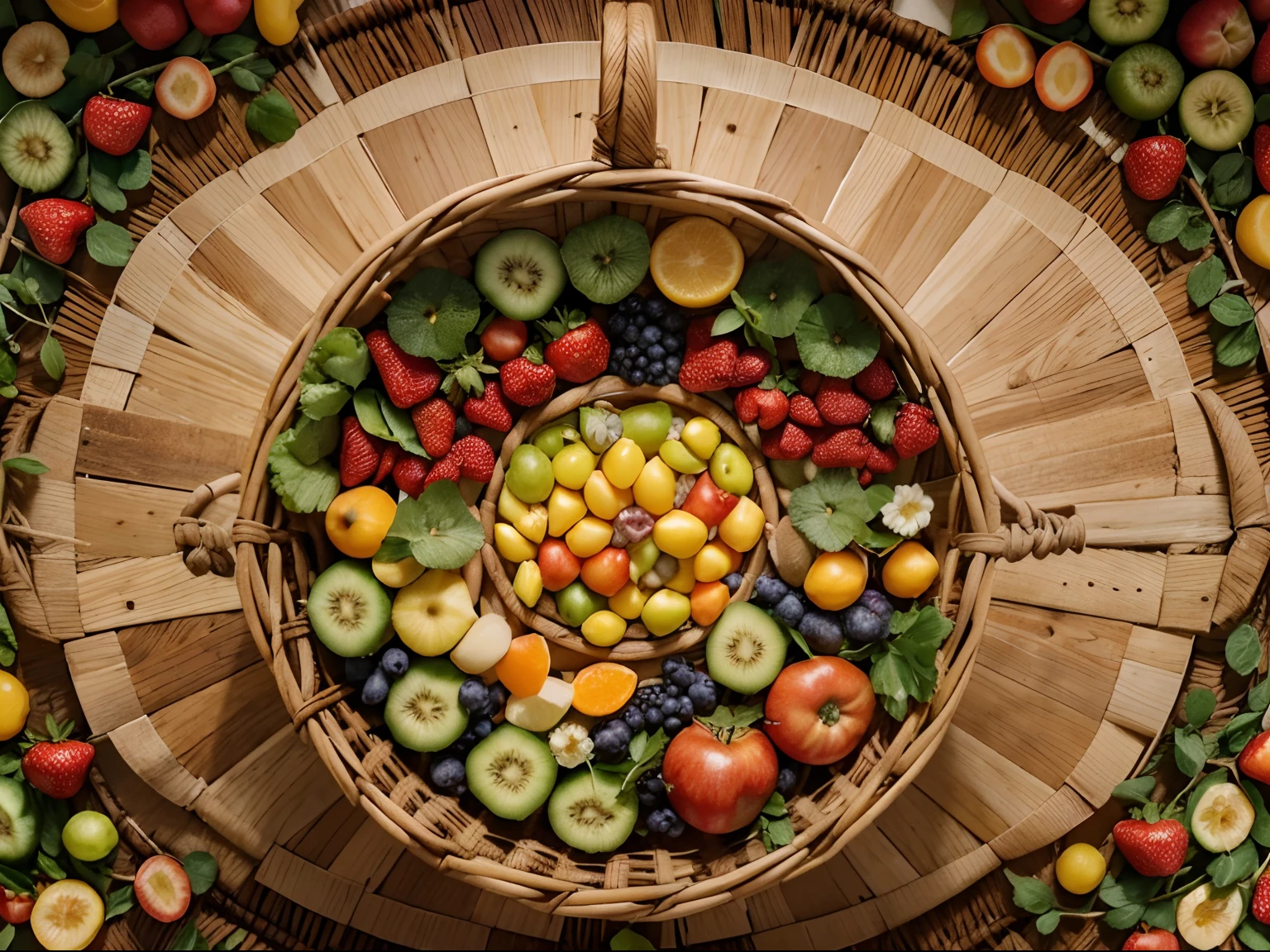 Detailed illustration of healthy fresh fruits and vegetables in a basket, with floral and fruit illustrations, frutas,, detalhes excepcionalmente altos, aerial view from above, centrada, sem pessoas, Nobodies. frutas vermelhas, cerejas, frutas saindo do cestos, vidros com frutas dentro