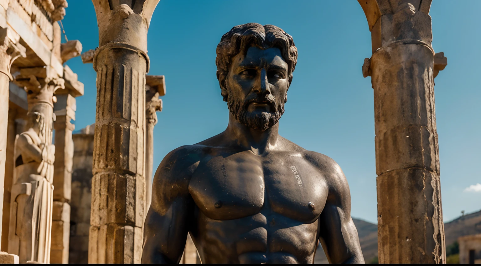 Ancient Stoic Statue With Very Angry Expression, tem barba, muitos detalhes em ambos os olhos, Outside, fundo atenas grego, open sky, com rosto extremamente detalhado full body view, Colors with low saturation with dark tone, Filmado em Sony A7S III com Sony FE 35mm f/1.8, 12.1 MP, --AR 3:2 --estilo cru