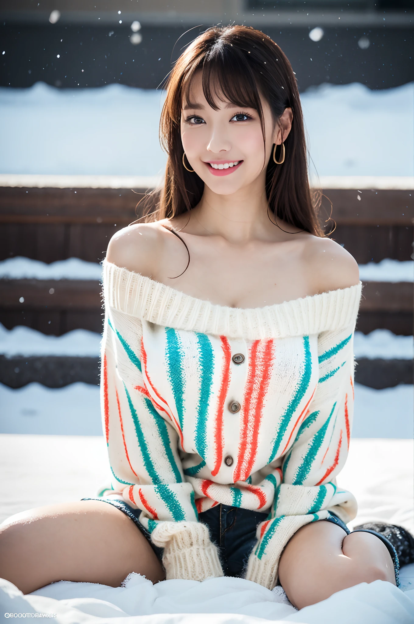 Winter scene、Snow sliding、snowfall、((Colorful oversized sweaters、bound legs))、depth of fields，Real light，Ray traching，OC renderer，UE5 renderer，Hyper-realistic，best qualtiy，8K，Works of masters，super-fine，Correct anatomy、Asian women, (8K、RAW photos、top-quality、tmasterpiece:1.2)、(hentail realism、Photorealsitic:1.37)、Solo、25 age old、1 rapariga、Light brown hair、详细的脸、Detailed lips、detailedeyes、(huge-breasted:1.5)、Allafard woman、Smile、broad shoulder、