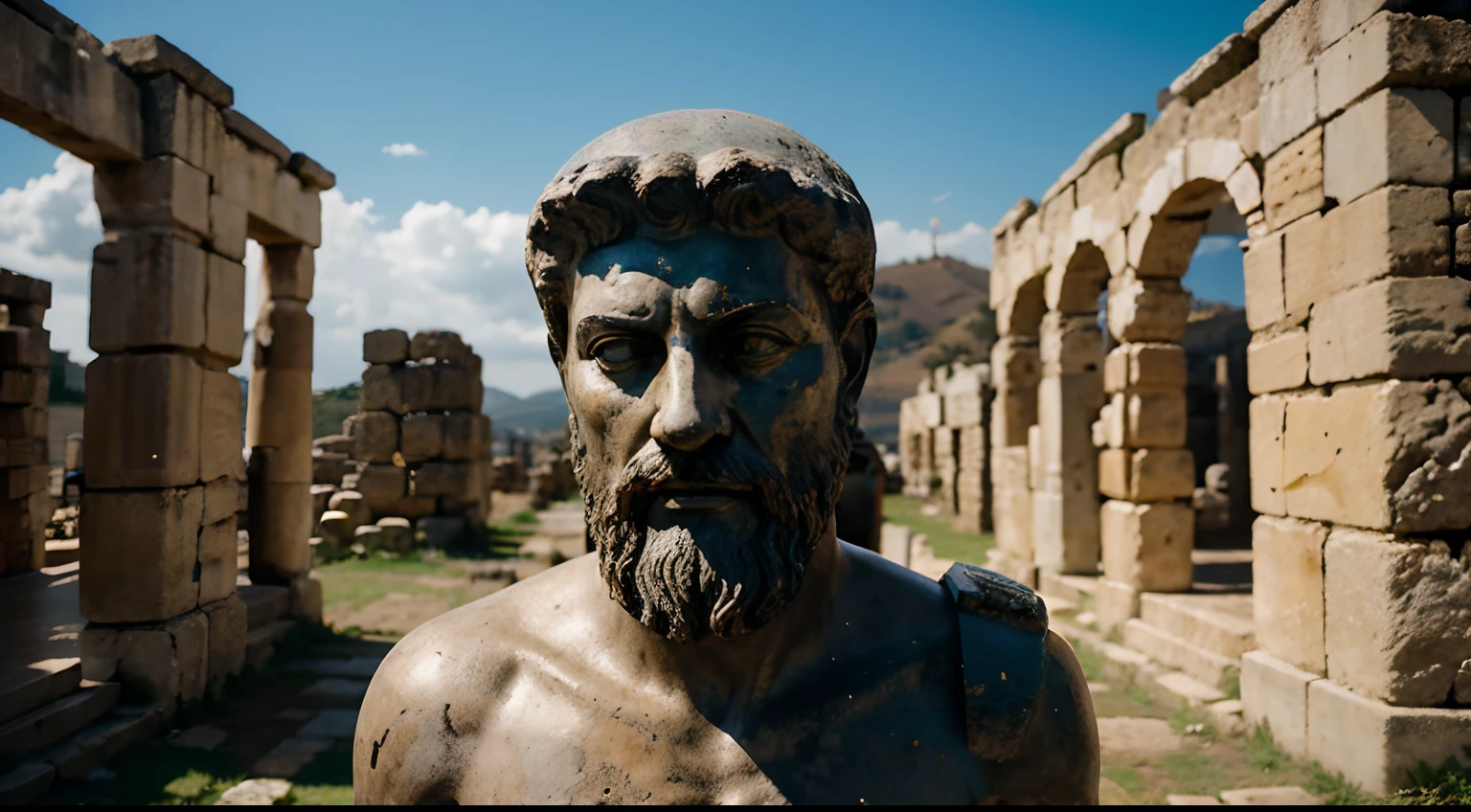 Ancient Stoic Statue With Very Angry Expression, tem barba, muitos detalhes em ambos os olhos, Outside, fundo atenas grego, open sky, com rosto extremamente detalhado full body view, Colors with low saturation with dark tone, Filmado em Sony A7S III com Sony FE 35mm f/1.8, 12.1 MP, --AR 3:2 --estilo cru