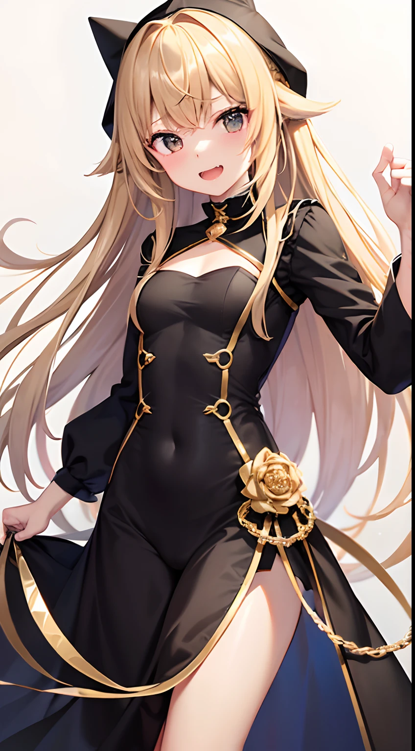 hight resolution、hightquality、ultra-detailliert、8k wallpaper、1人の女性、Beautiful fece、adult-like、a blond、Wearing a shark hood、Teeth are shark fangs、Kamimei、Melancholy is in the air、Lovers feeling、Little devil feeling、Be loved、Familiarity、Gold and black dress、Gold and black background、opulent、Overall more gold and black