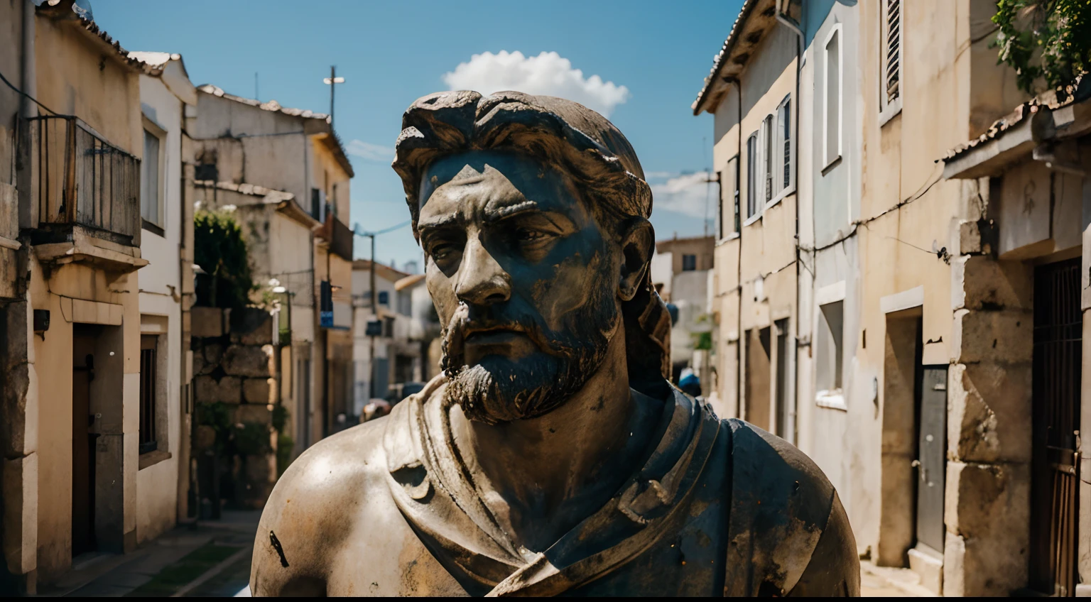 Ancient Stoic Statue With Very Angry Expression, tem barba, muitos detalhes em ambos os olhos, Outside, fundo atenas grego, open sky, com rosto extremamente detalhado full body view, Colors with low saturation with dark tone, Filmado em Sony A7S III com Sony FE 35mm f/1.8, 12.1 MP, --AR 3:2 --estilo cru