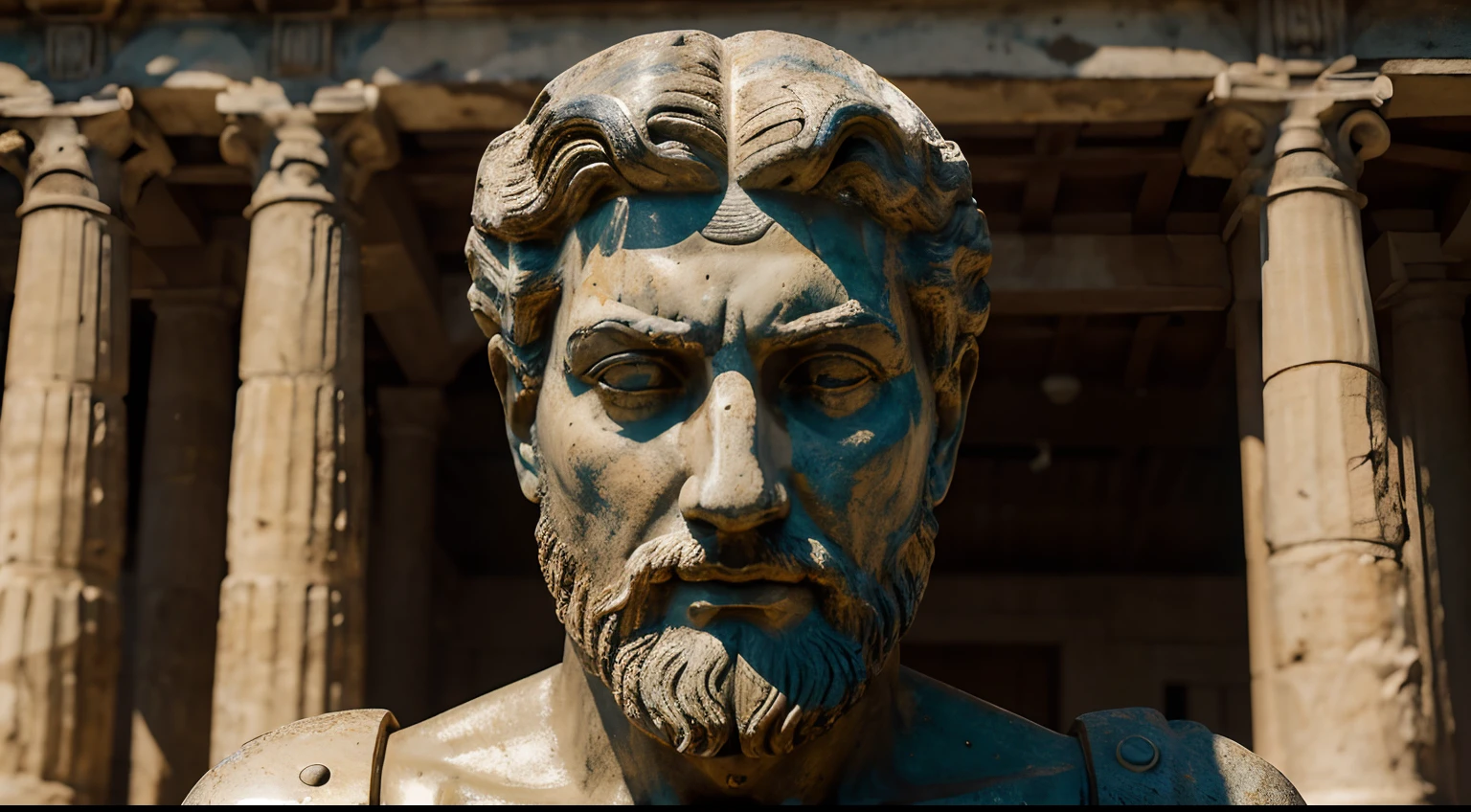 Ancient Stoic Statue With Very Angry Expression, tem barba, muitos detalhes em ambos os olhos, Outside, fundo atenas grego, open sky, com rosto extremamente detalhado full body view, Colors with low saturation with dark tone, Filmado em Sony A7S III com Sony FE 35mm f/1.8, 12.1 MP, --AR 3:2 --estilo cru