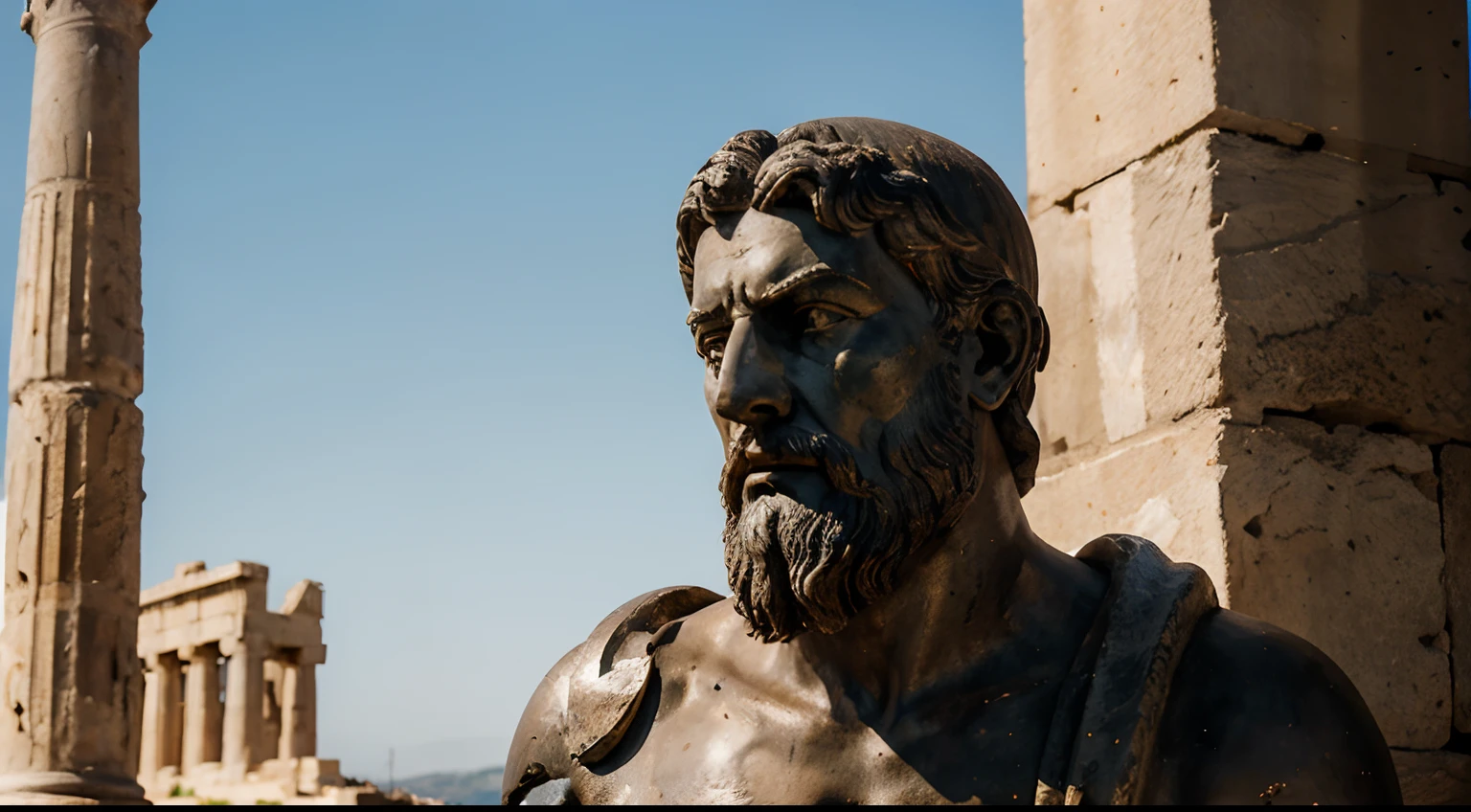 Ancient Stoic Statue With Very Angry Expression, tem barba, muitos detalhes em ambos os olhos, Outside, fundo atenas grego, open sky, com rosto extremamente detalhado full body view, Colors with low saturation with dark tone, Filmado em Sony A7S III com Sony FE 35mm f/1.8, 12.1 MP, --AR 3:2 --estilo cru