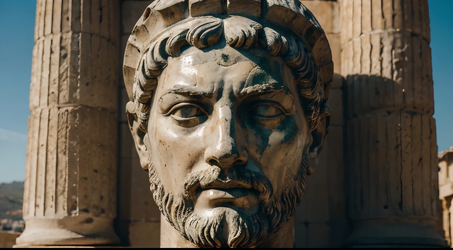 Ancient Stoic Statue With Very Angry Expression, tem barba, muitos detalhes em ambos os olhos, Outside, fundo atenas grego, open sky, com rosto extremamente detalhado full body view, Colors with low saturation with dark tone, Filmado em Sony A7S III com Sony FE 35mm f/1.8, 12.1 MP, --AR 3:2 --estilo cru