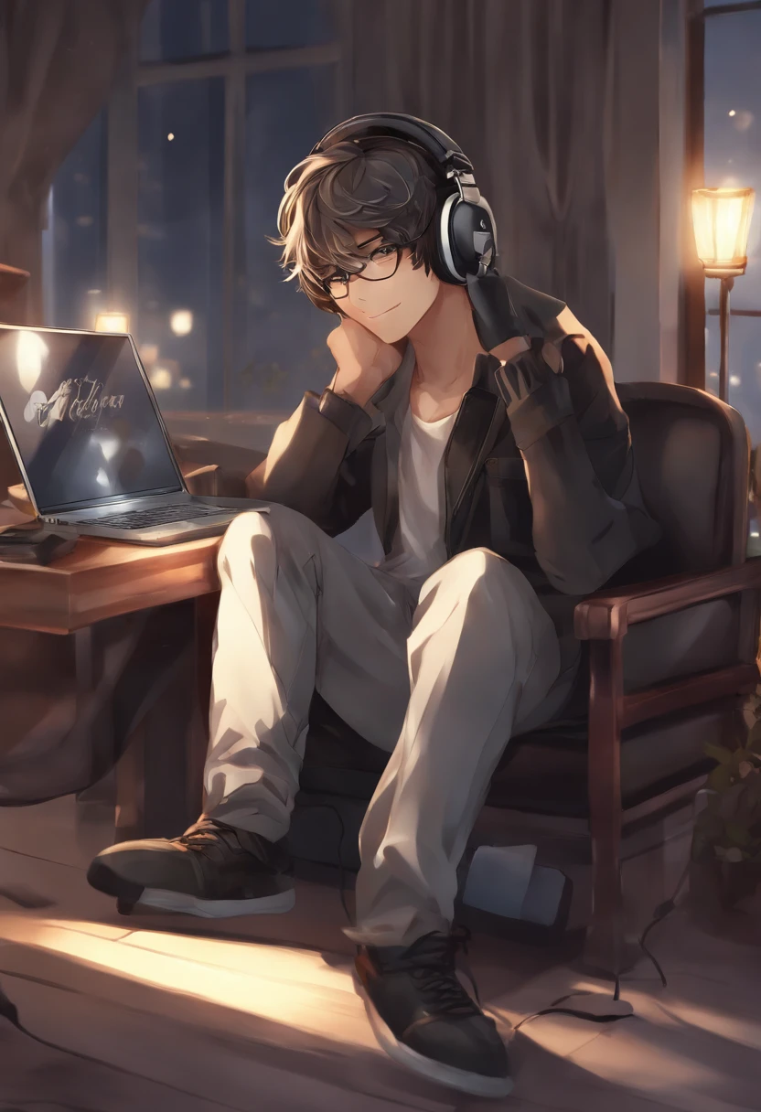 Anime man sitting in a chair with headphones and laptop, digital anime illustration, Handsome Anime Pose, Smooth Anime CG Art, anime handsome guy, young anime man, With headphones, kawacy, digital anime art, ig studios anime style, High quality anime art style, anime moe art style, digital art on pixiv, painted in anime painter studio