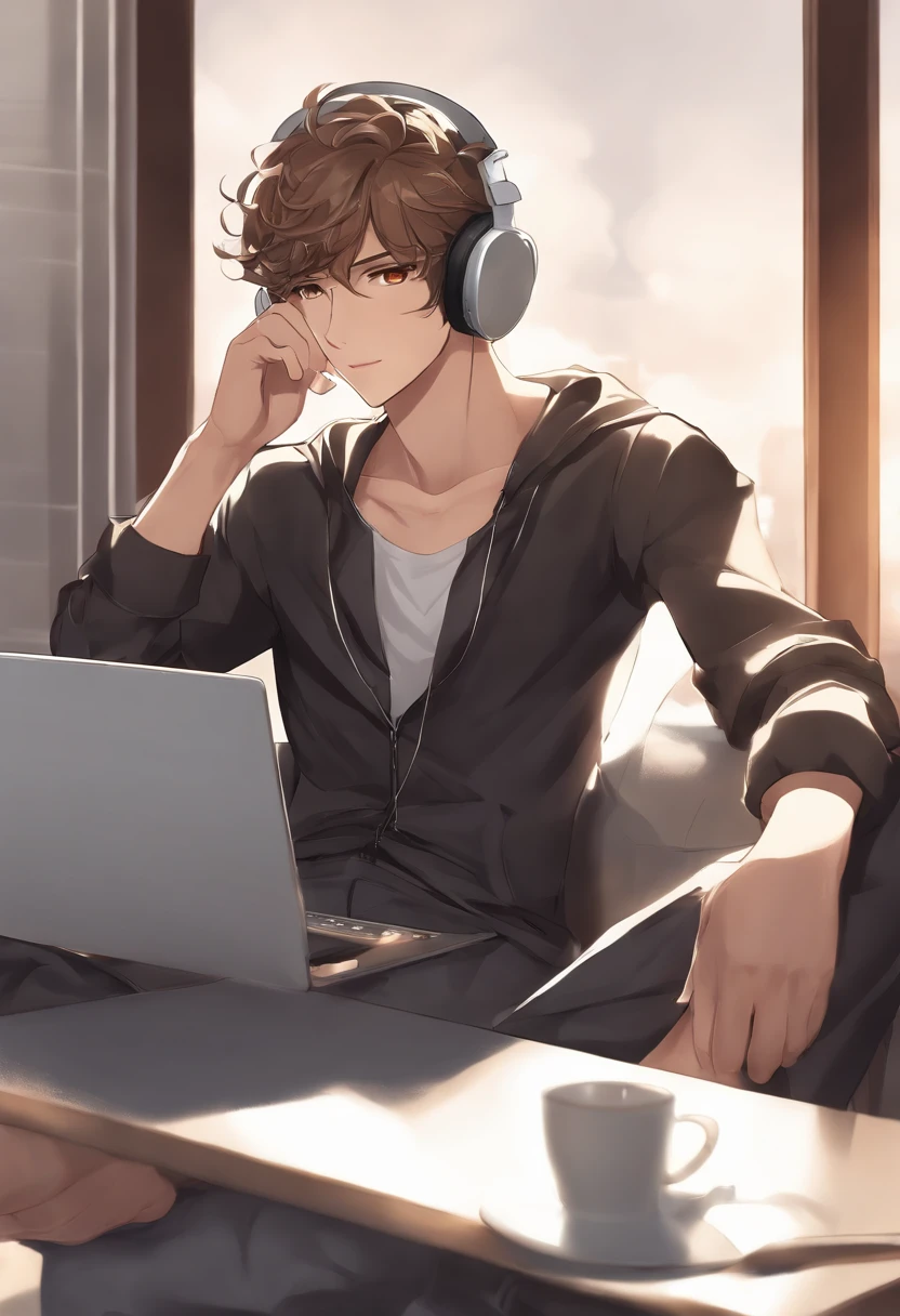 Anime man sitting in a chair with headphones and laptop, digital anime illustration, Handsome Anime Pose, Smooth Anime CG Art, anime handsome guy, young anime man, With headphones, kawacy, digital anime art, ig studios anime style, High quality anime art style, anime moe art style, digital art on pixiv, painted in anime painter studio