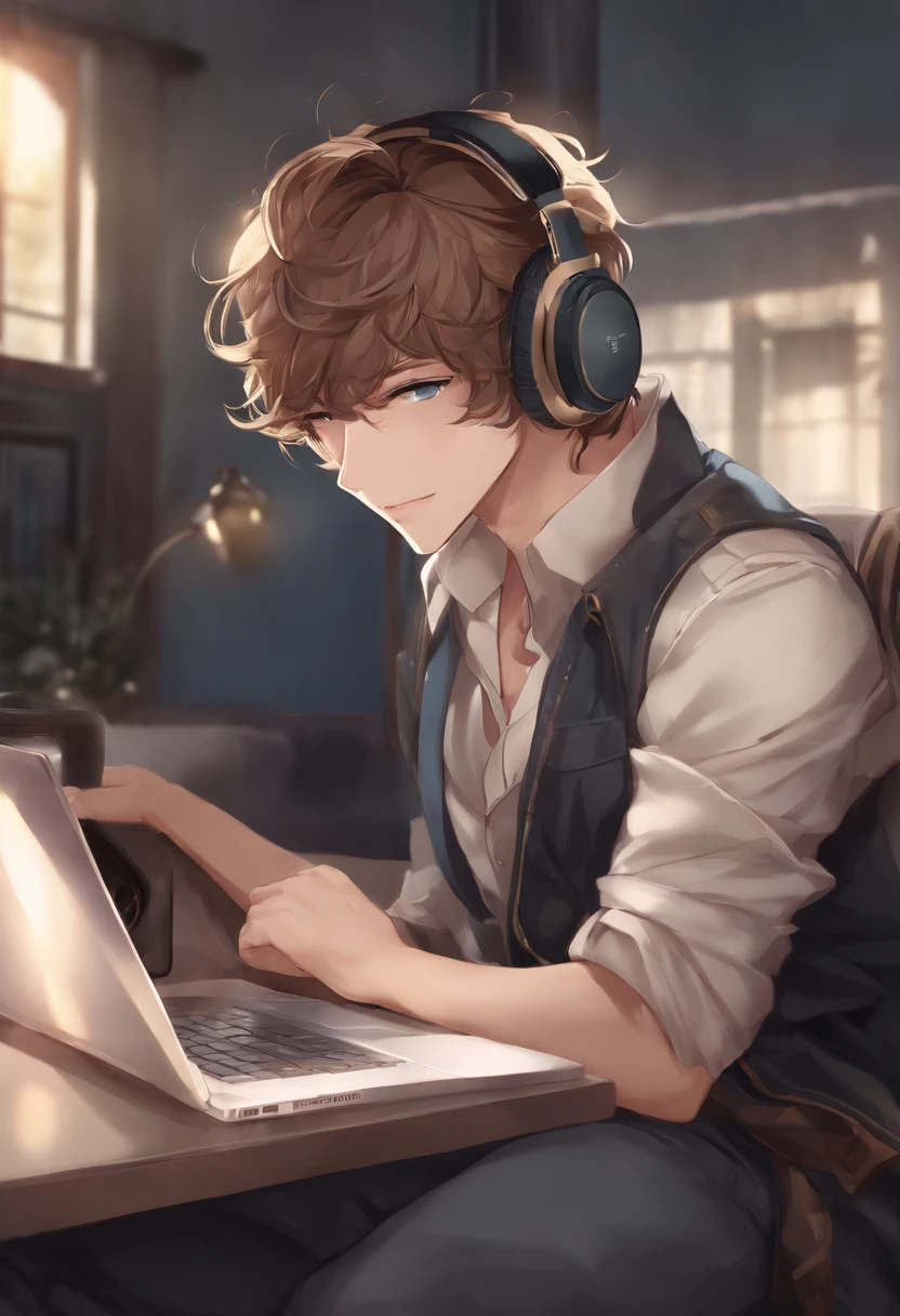 Anime man sitting in a chair with headphones and laptop, digital anime illustration, Handsome Anime Pose, Smooth Anime CG Art, anime handsome guy, young anime man, With headphones, kawacy, digital anime art, ig studios anime style, High quality anime art style, anime moe art style, digital art on pixiv, painted in anime painter studio