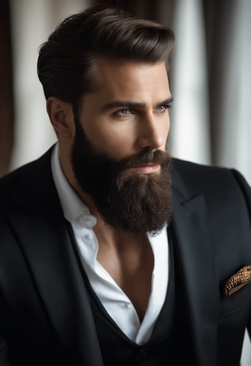 en haut、Faire un bel homme de 30 ans dans un costume noir et une cravate, PDG, cheveux et barbe bruns, (Homme en costume noir et cravate), ), (Utilisez une barbe,) Attractive and serious and kind look, cheveux noirs courts, Elegant and elegant, Shave snugly in suit and strong body, (highly quality, Realistic images), Dark and light black on image background, style de film, ((premier quality, 8k, шедевр), Ultra High Definition Photo, (Beautiful detailed faces, detail skin texture, Hyperdetailed body:1.1)