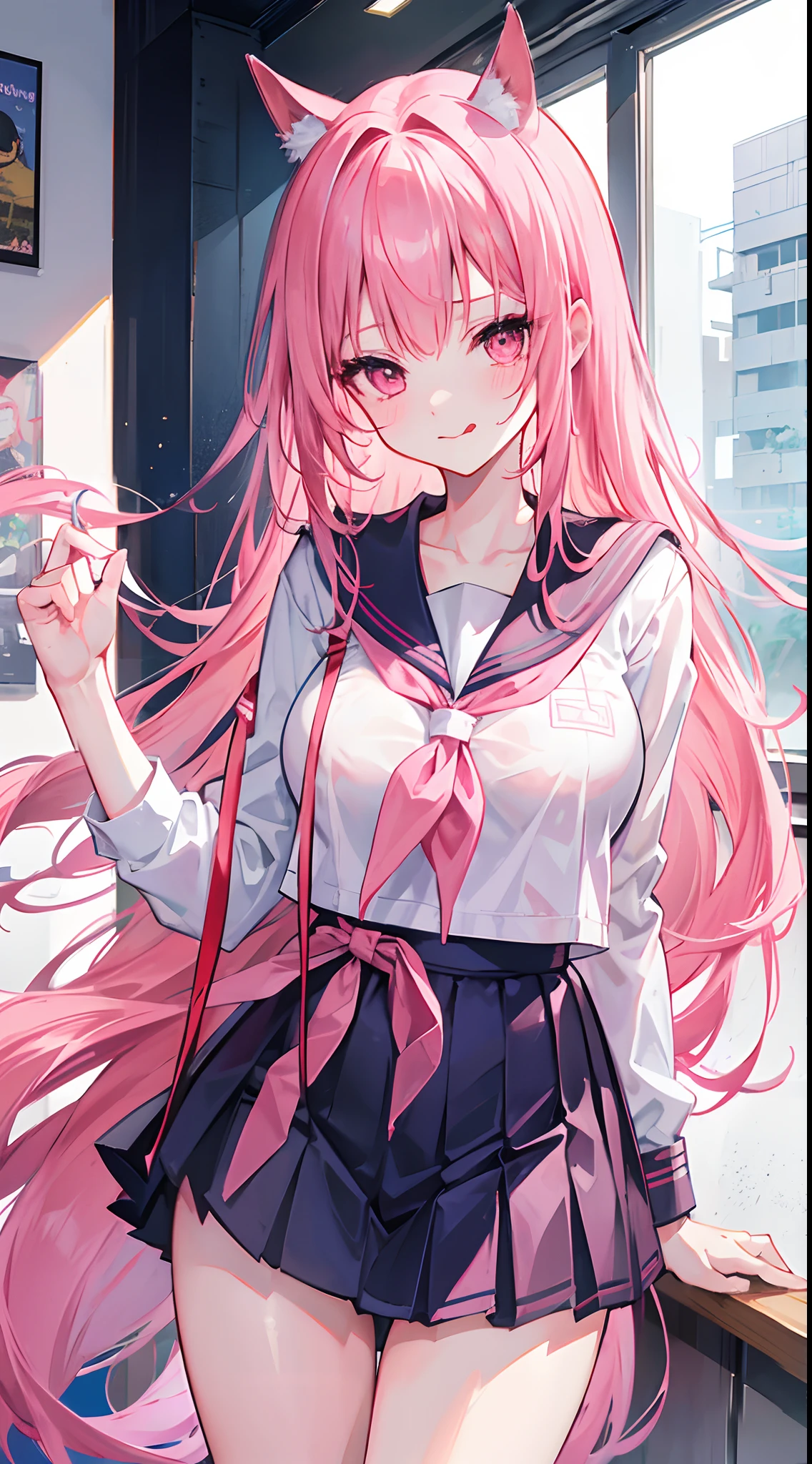 Long pink hair to the waist,dual horsetail,Girl with pink eyes in sailor uniform school uniform,huge tit,Wet look,Be red in the face,is shy,In the classroom,Make a grimace and stick out your tongue,Miss Ghost,Floating in the air