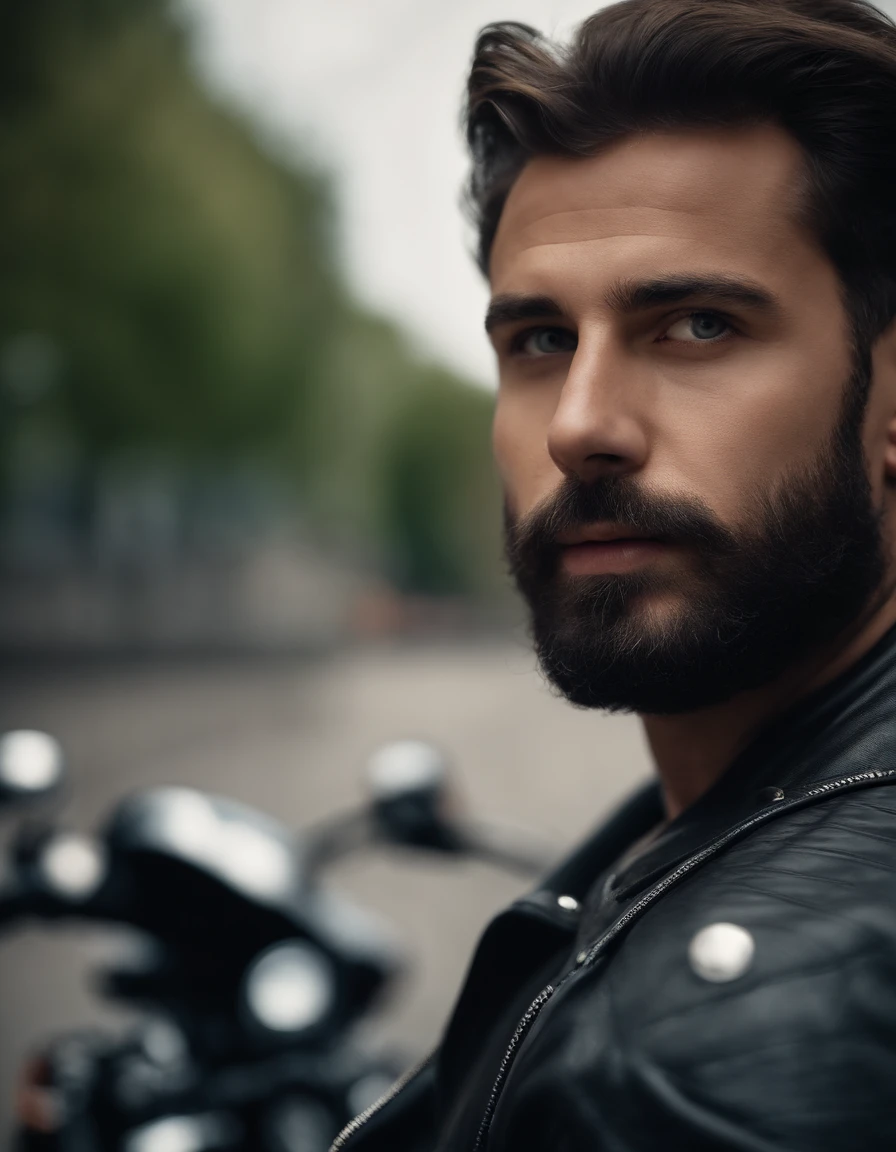 Portrait de film, ((Gros plan moyen)), face au public, (Reality :1.3), The most beautiful art photo in the world, A man looking into the camera, Modern Biker Clothing, Bikers' Party, Beautiful oval face in detail, barbe de 3 jours, jeune homme brunc, yeux vert, sourcil moyen court, Action plans, (complexe :1.4), Street background, photoreallistic, daytime, Global lighting, CG, art station, Masterpiece, Photographie HD