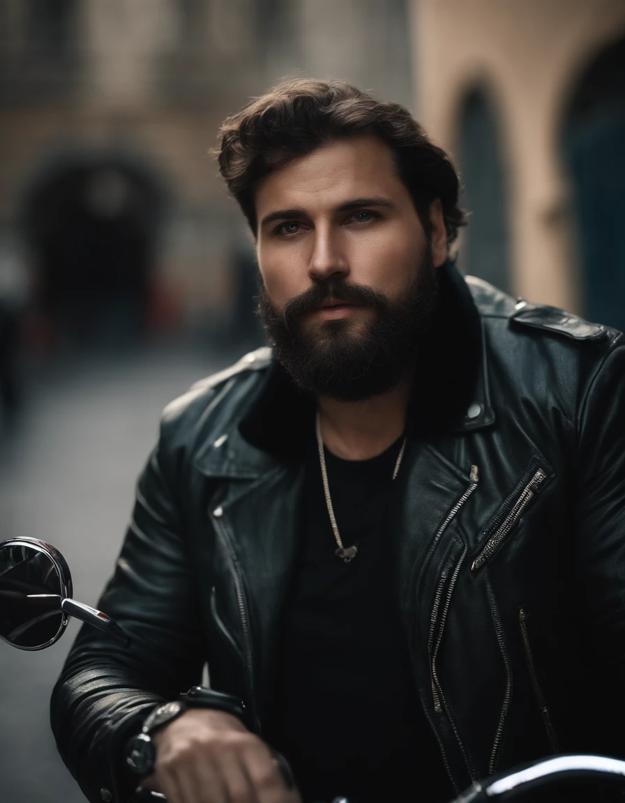 Portrait de film, ((Gros plan moyen)), face au public, (Reality :1.3), The most beautiful art photo in the world, A man looking into the camera, Modern Biker Clothing, Bikers' Party, Beautiful oval face in detail, barbe de 3 jours, jeune homme brunc, yeux vert, sourcil moyen court, Action plans, (complexe :1.4), Street background, photoreallistic, daytime, Global lighting, CG, art station, Masterpiece, Photographie HD