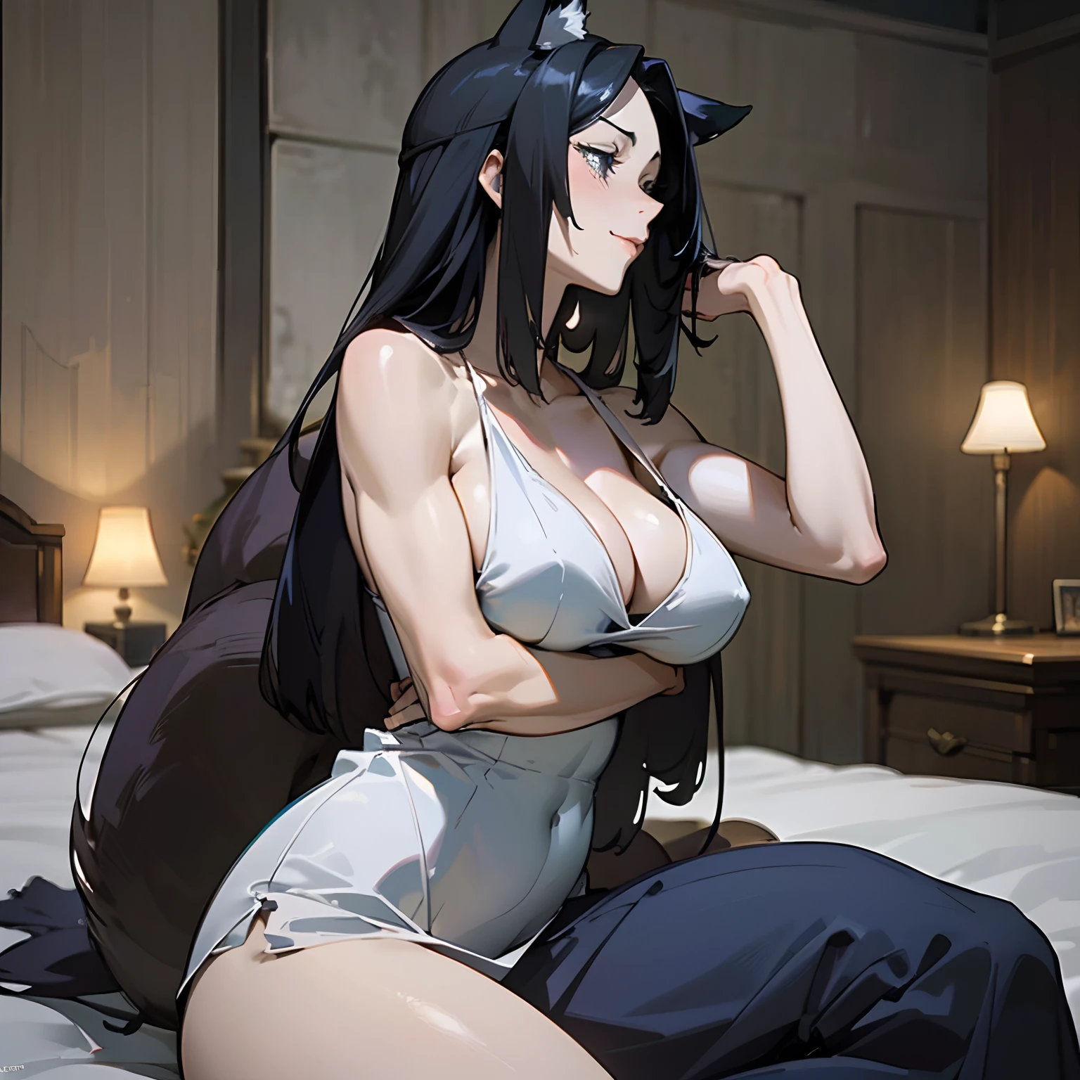 ((beautiful anime eyes with fine detail)), realistic skin, (intricate details), best lighting, depth field, ((((masterpiece)))), high quality, full color, Very delicate and beautiful girl with precision ((vivid and beautiful, shocking sensation, incredibly detailed, realistic)), (tired:1.1), (see-through:0.4), black hair, ((very long hair)), fox ears, blue eyes, profile, white revealing negligee, (large breasts:1.2), (plump thighs:0.9), (cleavage: 0.4), (((dark voluminous fox tail))), smiling, ((muscular)), laying down, glowing moon in background, bedroom scene, drawing outside from inside, dark, dim light, night