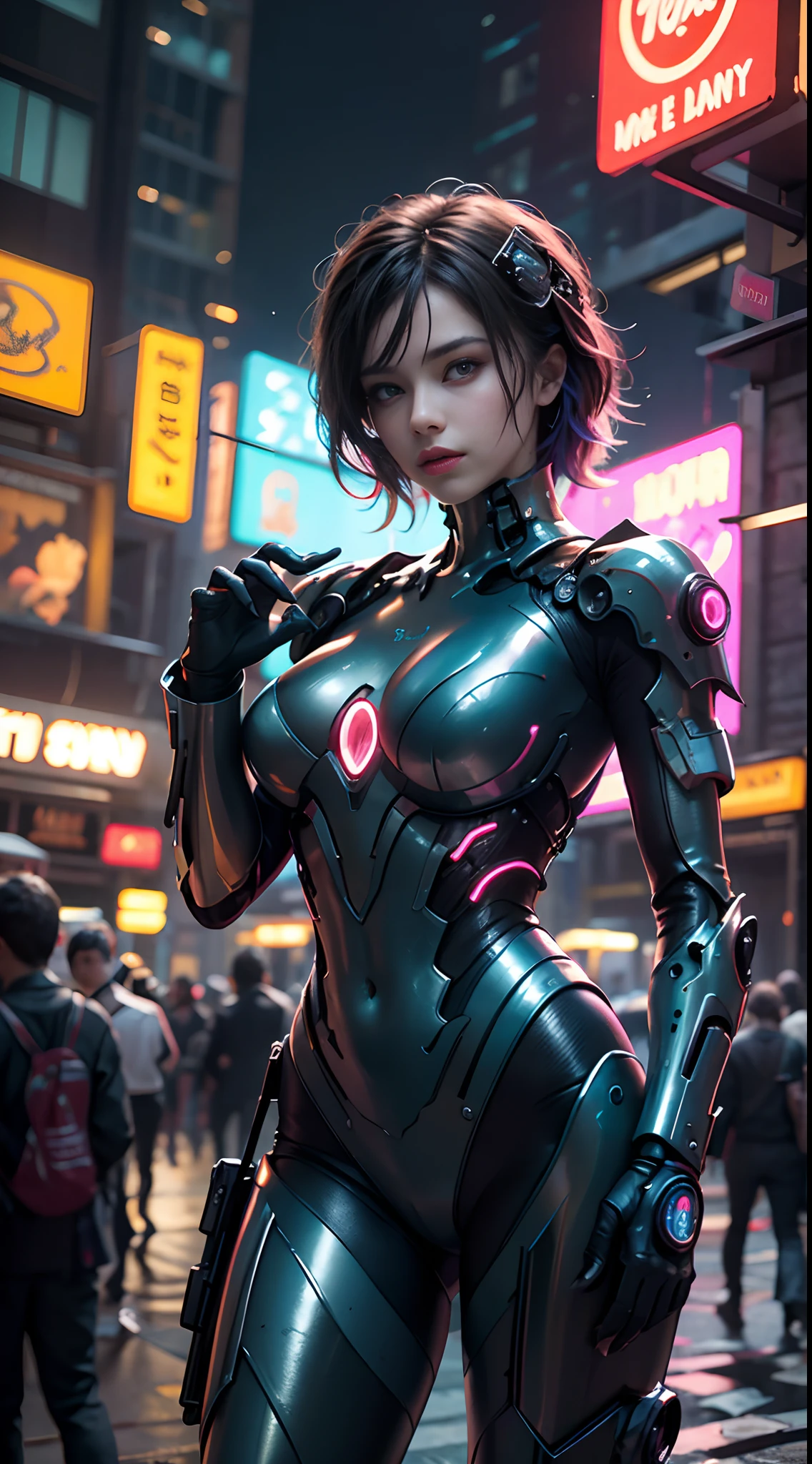 Unreal Engine: 1.4, Ultra High Definition, The Best Quality: 1.4, Photorealistic: 1.4, Skin Texture: 1.4, Masterpiece: 1.8, Masterpiece, best quality, one girl, Chica Ives: 1.4, mecha, beautiful lighting, neon light: 1.2, night: 1.5, mecha, beautiful lighting, bright neon light: 1.2, mysterious and unforgettable night: 1.5, hands: 1.4. Cyberpunk city background